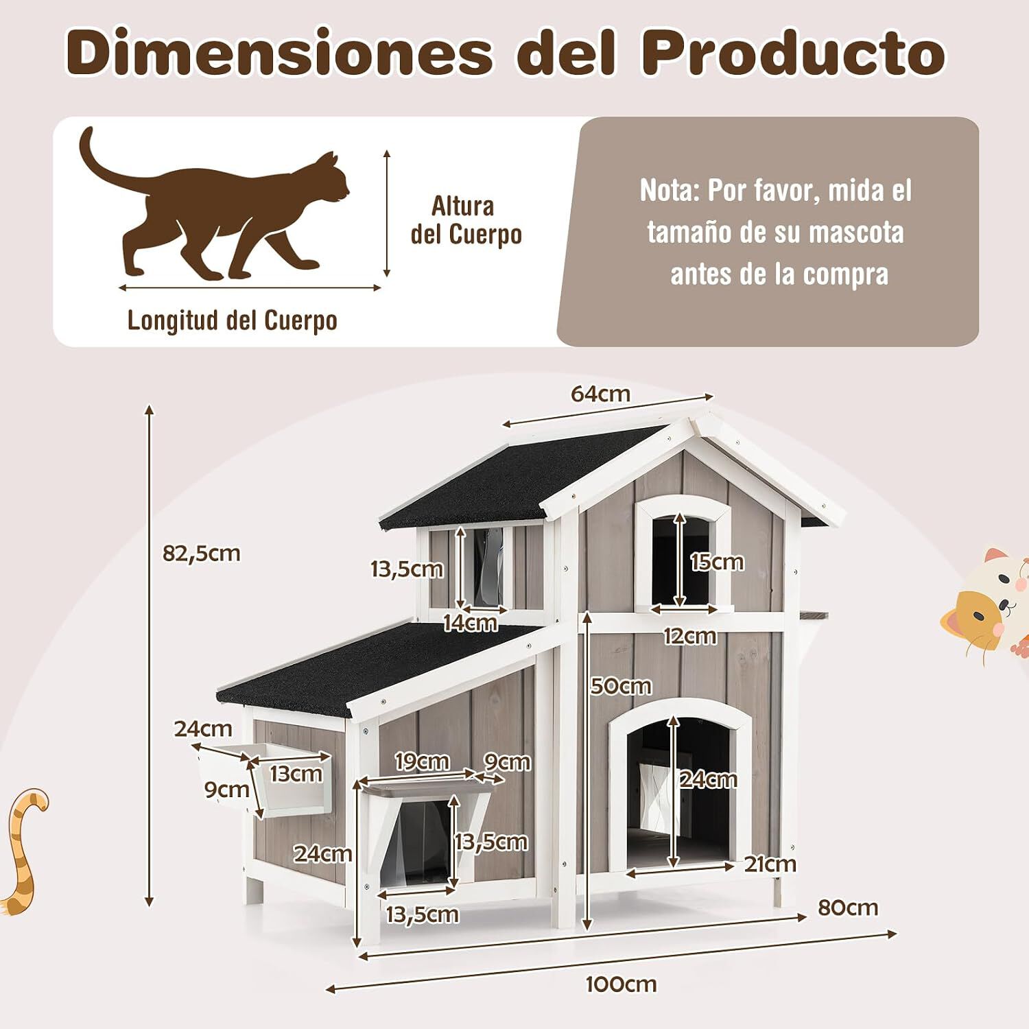 COSTWAY Casa para Gatos de Madera, Caseta para Gatos de 2 Pisos para Exteriores con Puertas de Escape, Techo Asf&aacute;ltico Impermeable, Refugio para Gatitos de Interior y Exterior para Balc&oacute;n y Patio, , large Imagen numero 5