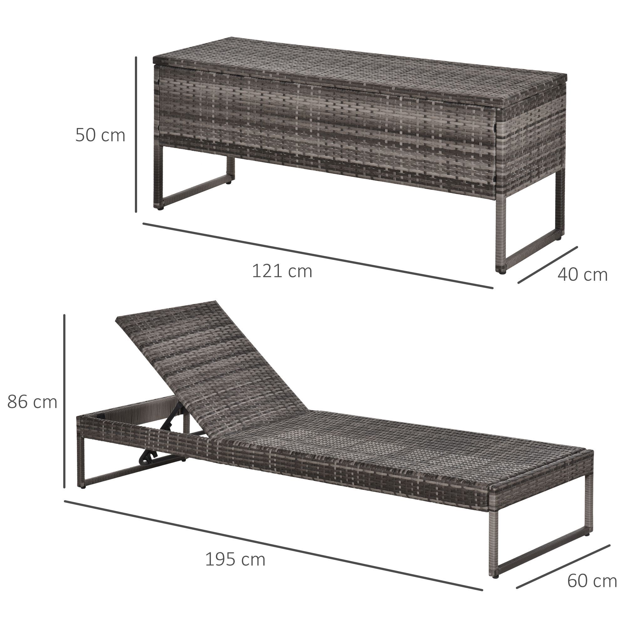 Outsunny Conjunto de 2 Tumbonas de Jard&iacute;n con Cojines Acolchados Rat&aacute;n con Mesa Auxiliar para Piscina o Terraza Carga 160kg 195x60x86 cm Acero Gris, , large Imagen numero 3