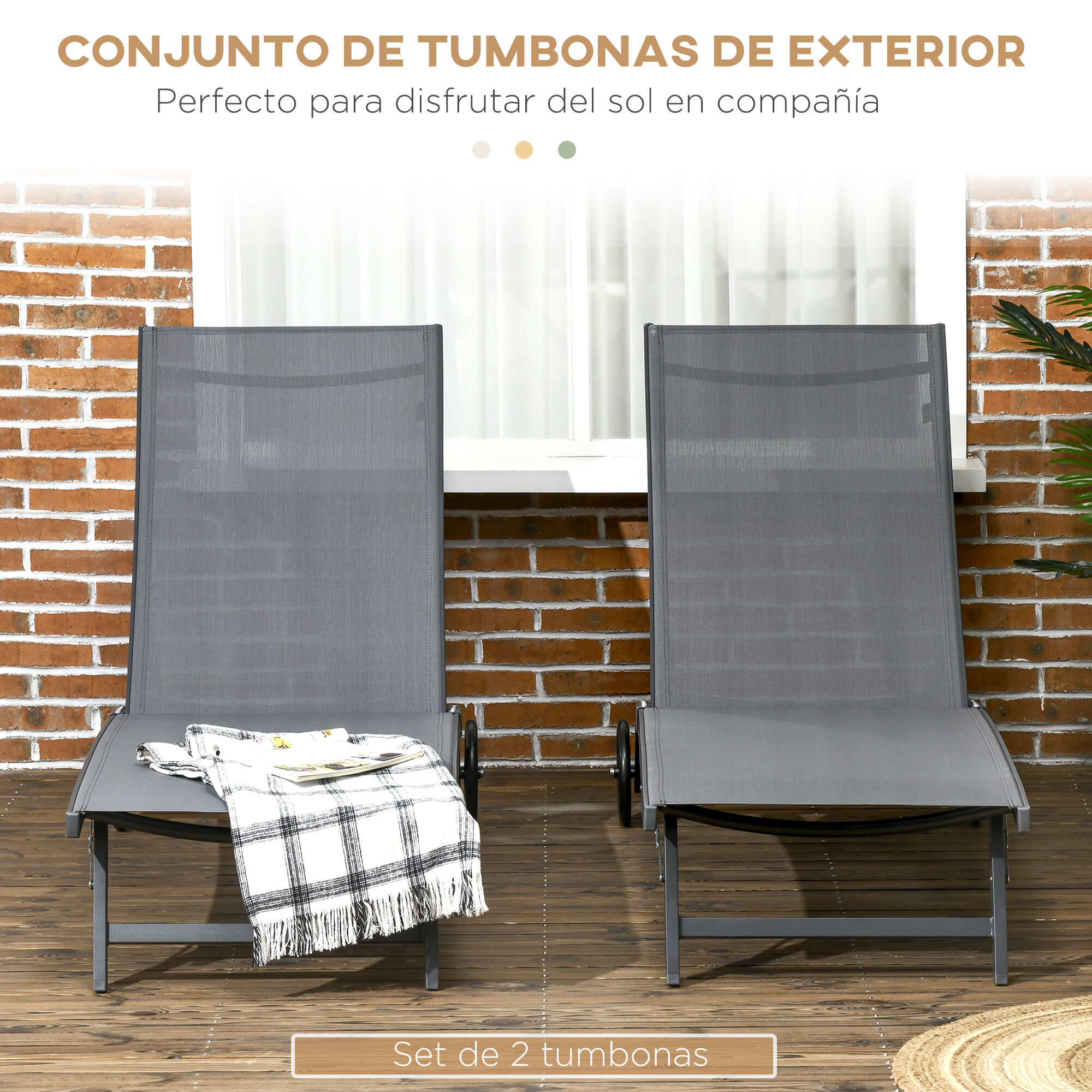 Outsunny Juego de 2 Tumbonas Reclinables de Jard&iacute;n Sillas de Aluminio para Exteriores con Respaldo Ajustable de 5 Niveles y Ruedas para Playa Piscina 165x66x102 cm Gris Oscuro, , large Imagen numero 4
