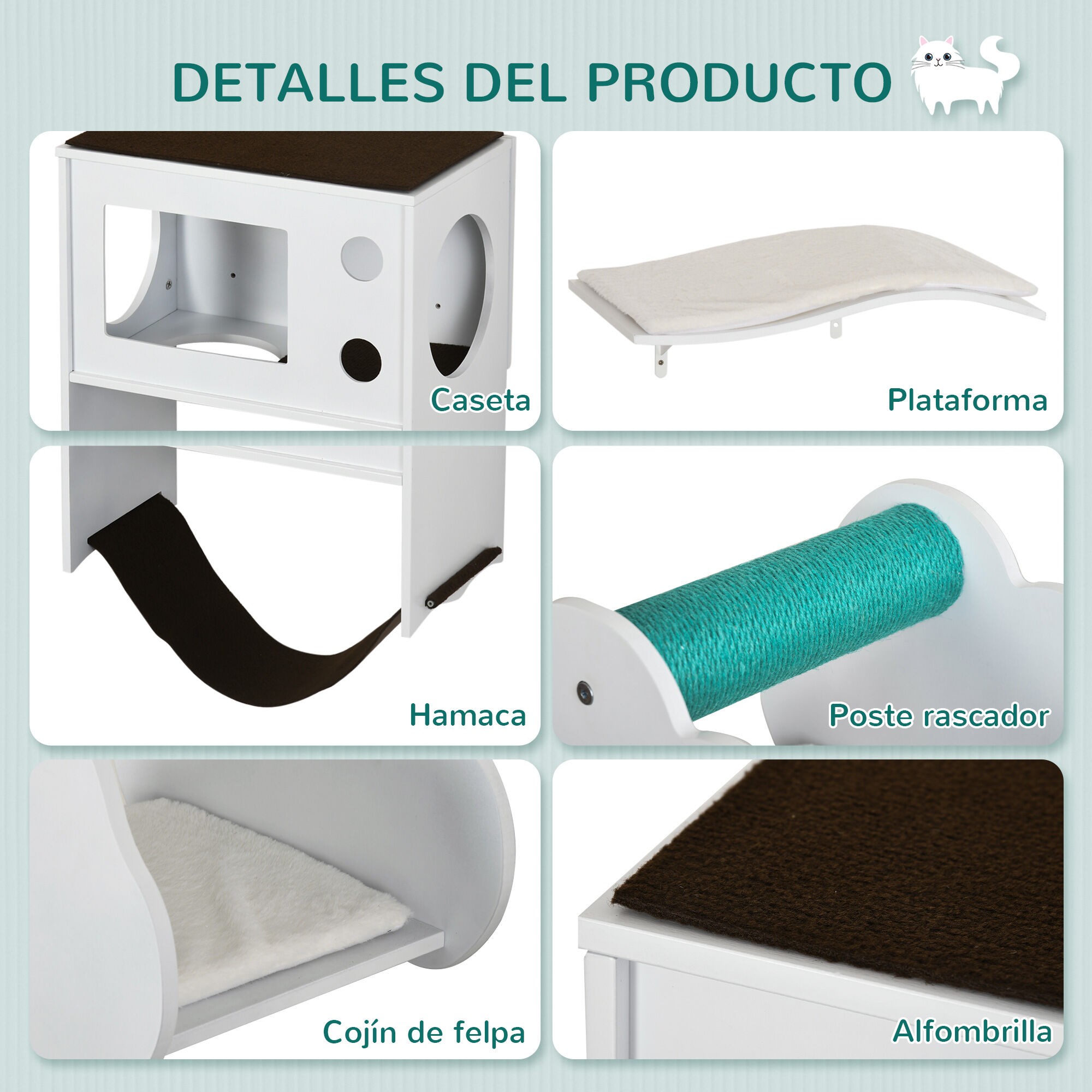 PawHut Estantes para Gatos de Pared de 3 Piezas Muebles de Pared para Gatos Centro de Actividades para Gatitos con Caseta Plataformas Hamaca Poste de Sisal y Cojines Suaves Blanco, , large Imagen numero 5