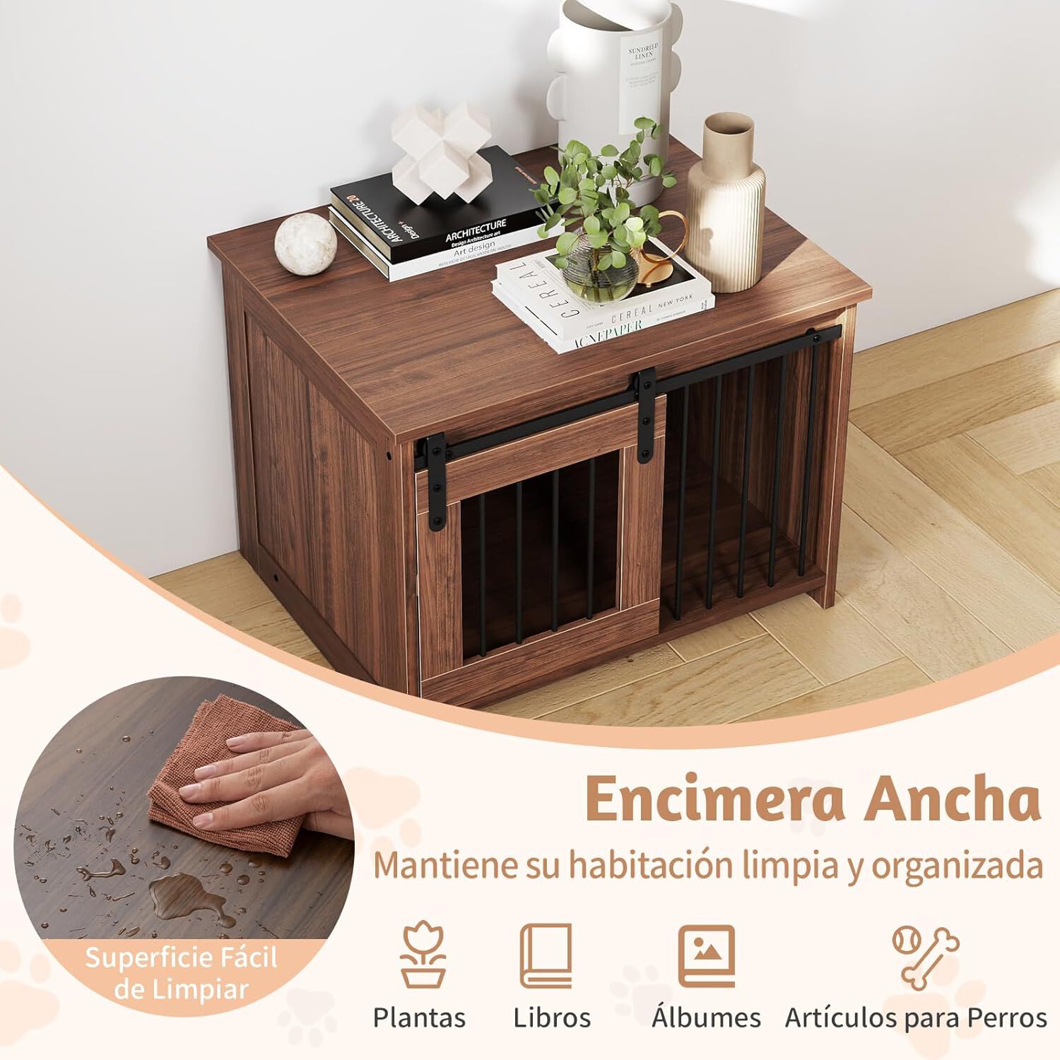 COSTWAY Jaula para Perros Medianos, 80x60x60 cm, Muebles de Jaula para Perros con Puerta Corrediza, Tubos Met&aacute;licos a Prueba de Masticar, Mesa Auxiliar Perrera para Mascotas Peque&ntilde;as Medianas (Marr&oacute;n), , large Imagen numero 3