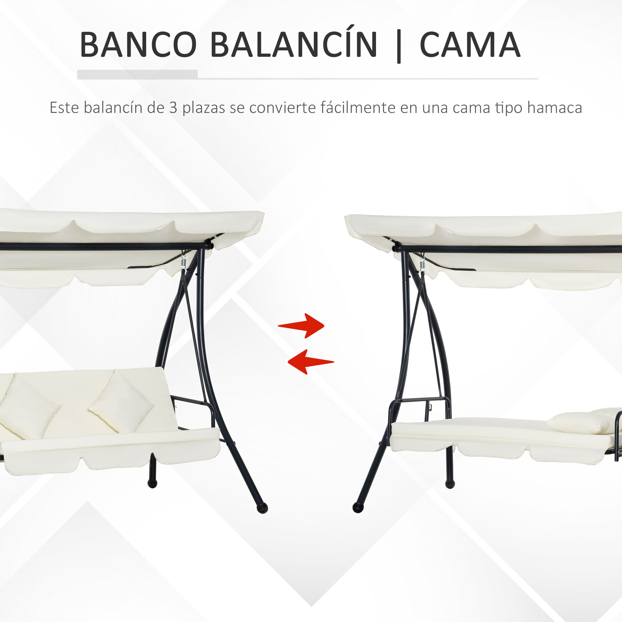 Outsunny Columpio Balanc&iacute;n Jard&iacute;n de 3 Plazas Convertible en Cama con Techo Ajustable Coj&iacute;n Acolchado y Almohadas para Balc&oacute;n Terraza Carga 340 kg Acero 200x125x170 cm Crema, , large Imagen numero 4