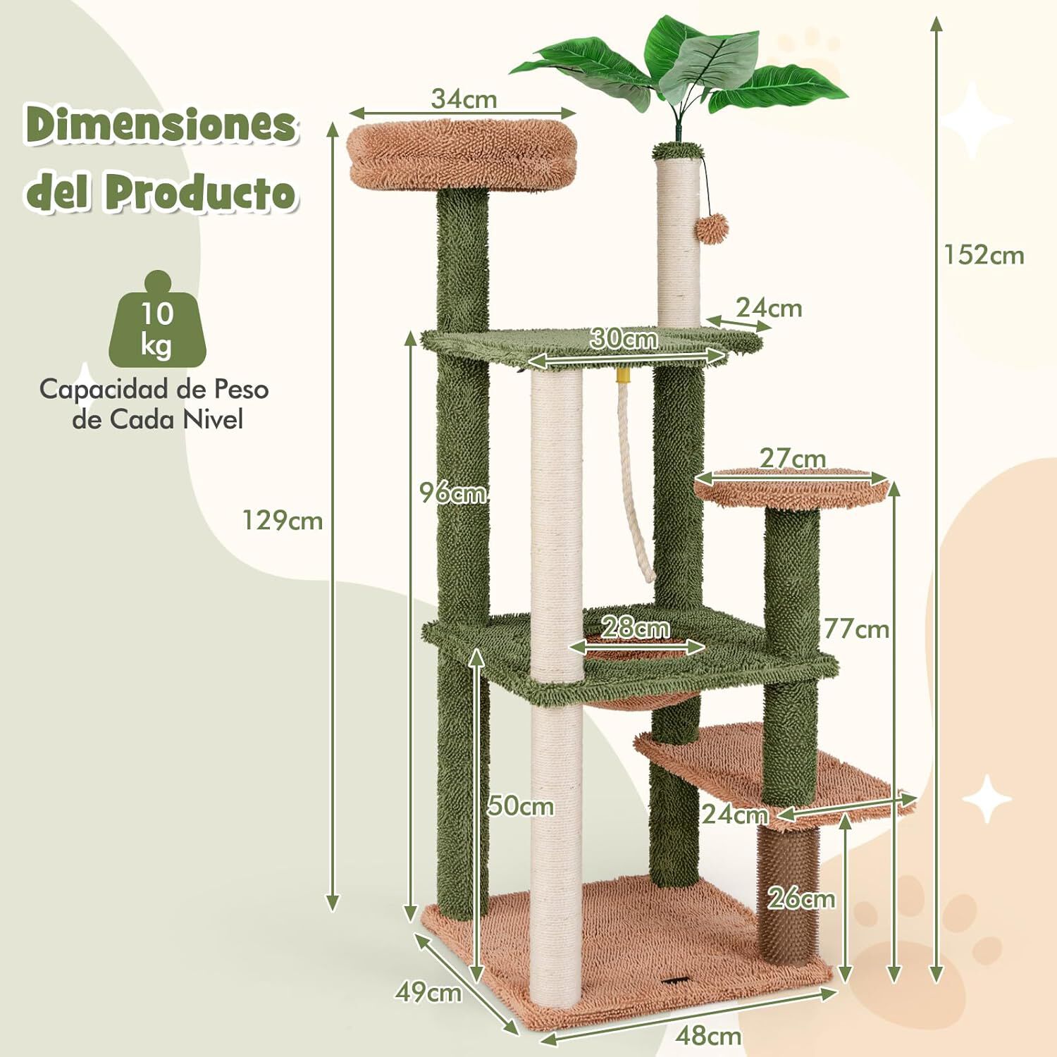 COSTWAY &Aacute;rbol para Gatos de Altura 152 cm, &Aacute;rbol Rascador para Gatos con Hamaca, Plataform de Felpa, Postes de Rascado de Sisal, Torre para Gatos, Centro de Actividades para Gatos, Verde y Marr&oacute;n, , large Imagen numero 2