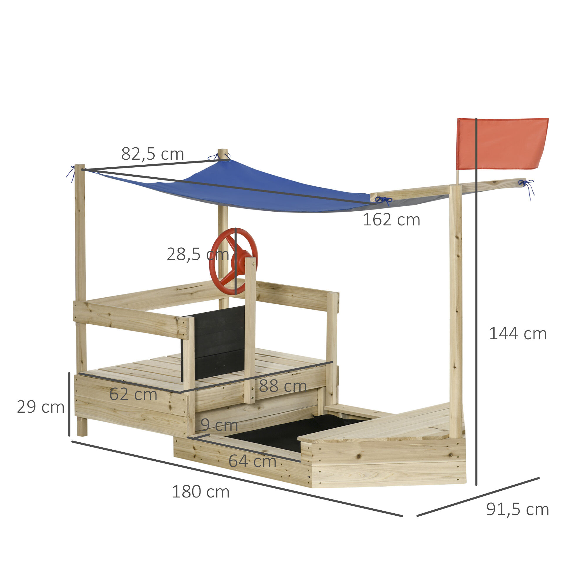Outsunny Arenero Infantil de Madera Caj&oacute;n de Arena de Jard&iacute;n Dise&ntilde;o de Gale&oacute;n con Vela Toldo Pizarra Bandera Roja y Tim&oacute;n para Ni&ntilde;os de +3 A&ntilde;os 180x91,5x144 cm Natural, , large Imagen numero 3