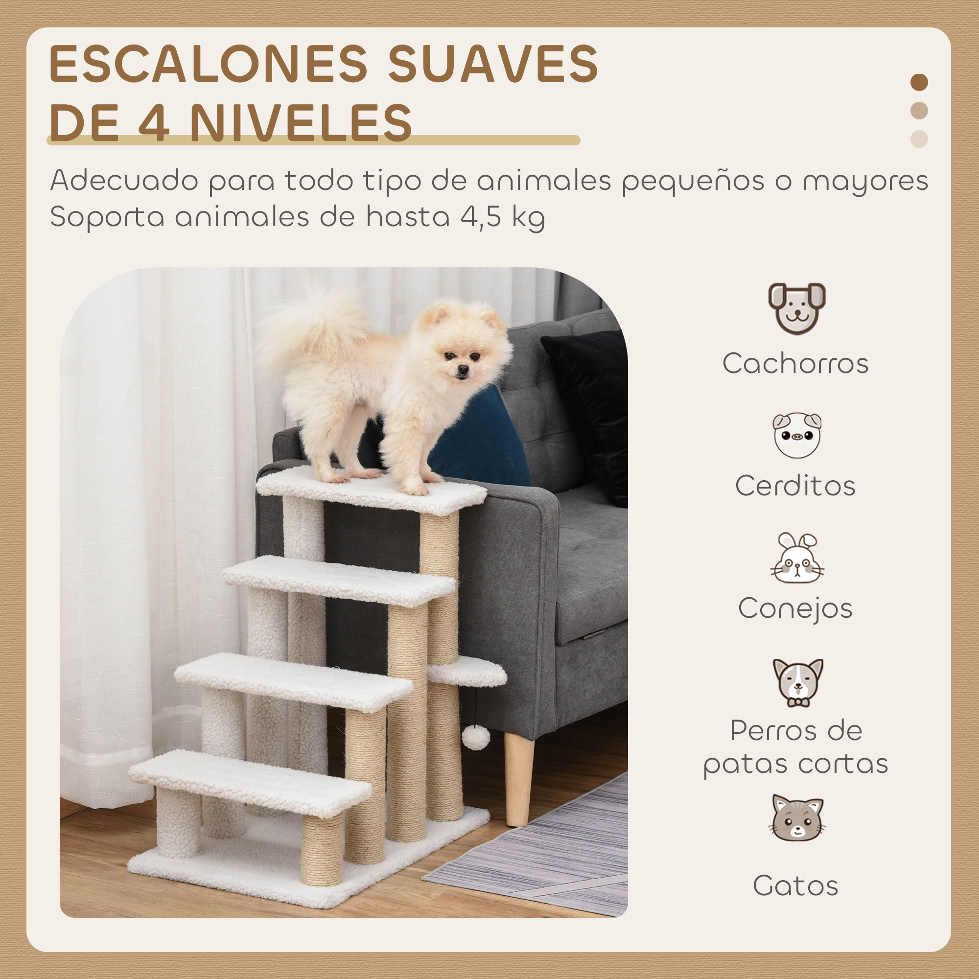 PawHut Escalera para Gatos de 4 Niveles, Escalera para Mascotas, Cubierto de Suave Felpa, Poste de Yute, Bola Colgante, &Aacute;rbol Rascador para Gatos, 60x40x64 cm, Blanco, , large Imagen numero 4