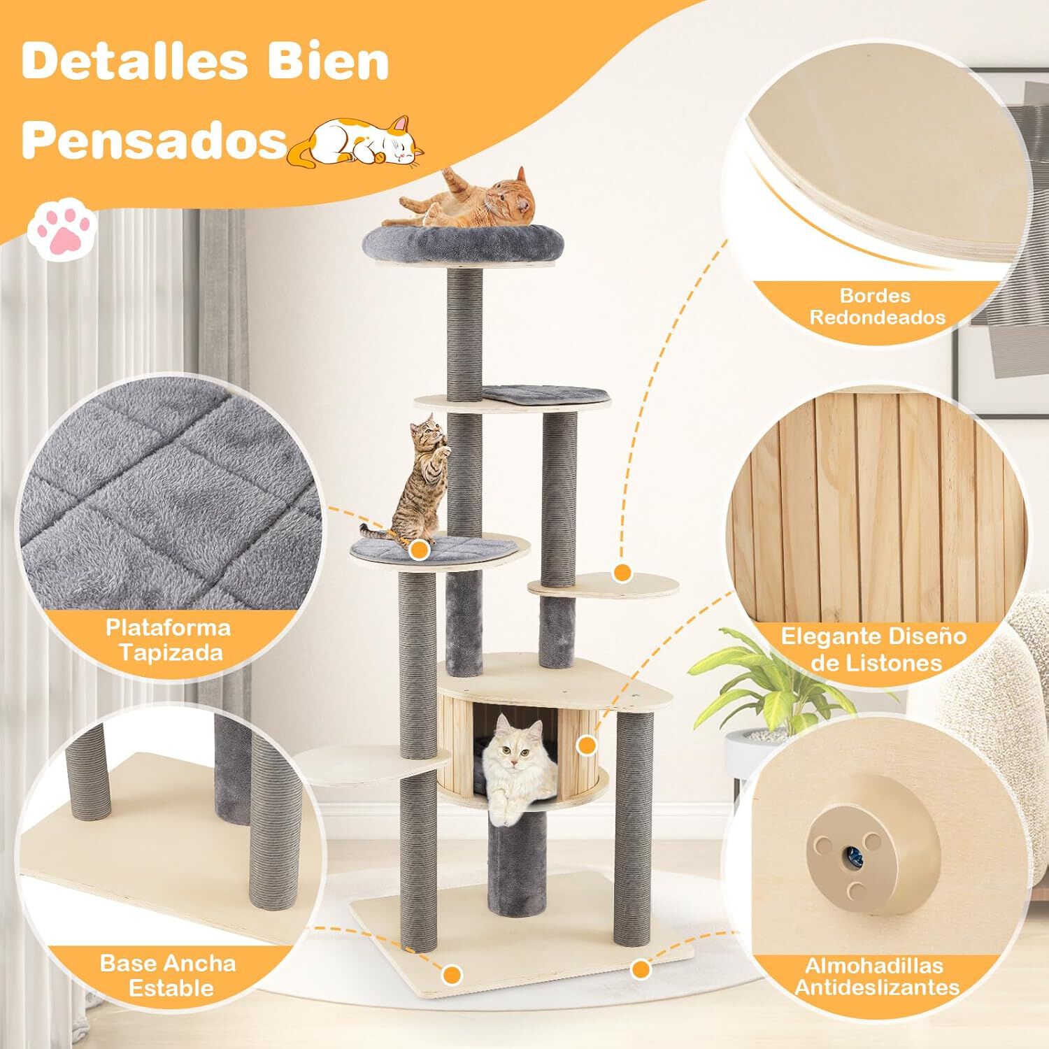 COSTWAY &Aacute;rbol Rascador para Gatos Grandes de 197 cm, Torre de Escalador para Gatos de M&uacute;ltiples Niveles con Acolchado Superior, Casa, Alfombrillas Desmontables, Postes para Rascar, Base Estable, Gris, , large Imagen numero 4