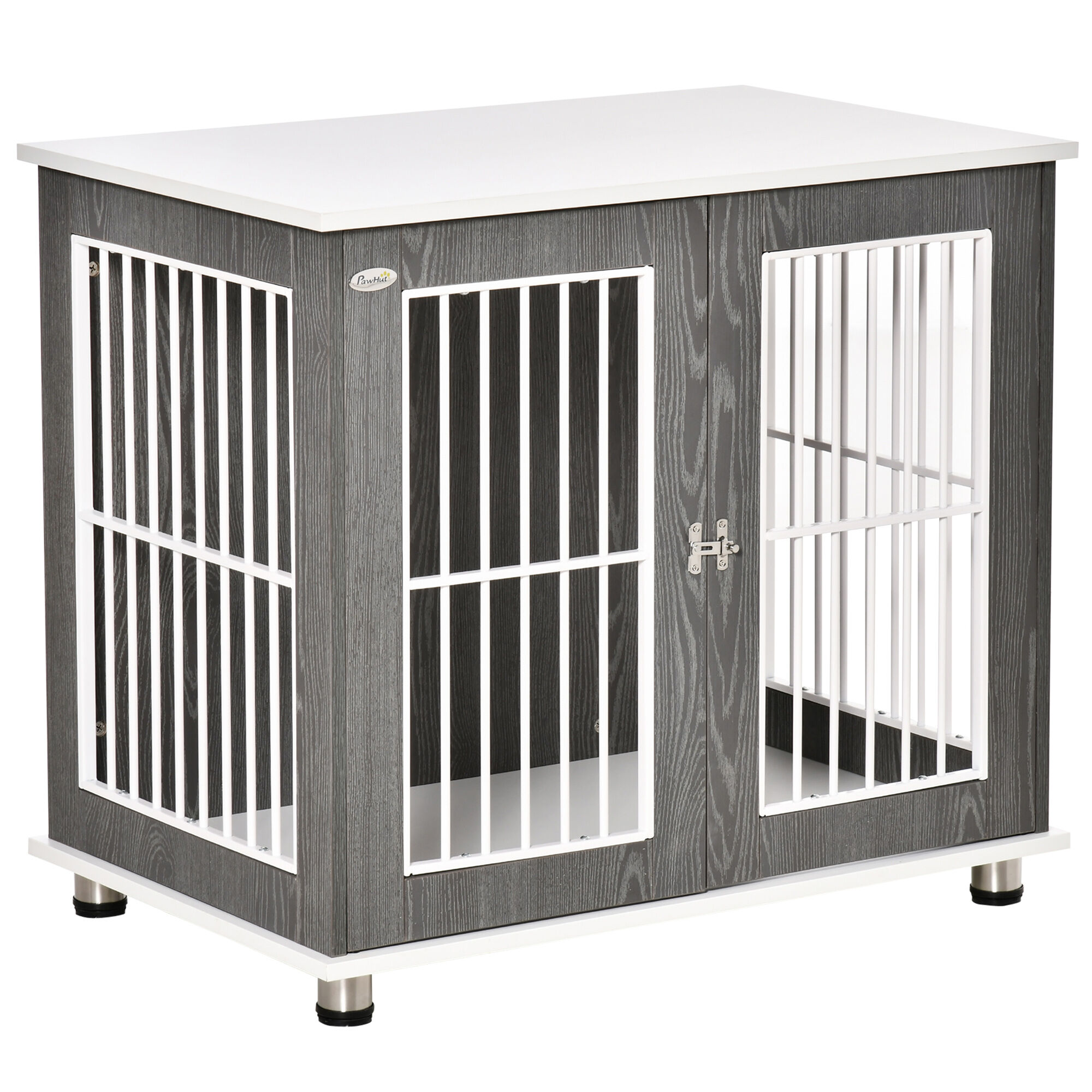 PawHut Jaula para Perros de Madera Mesa Auxiliar 85x55x75 cm con Tablero de Almacenaje 2 Puertas de Cerradura y Rejillas de Acero Mueble Perrera para Interiores Gris, , large Imagen numero 1