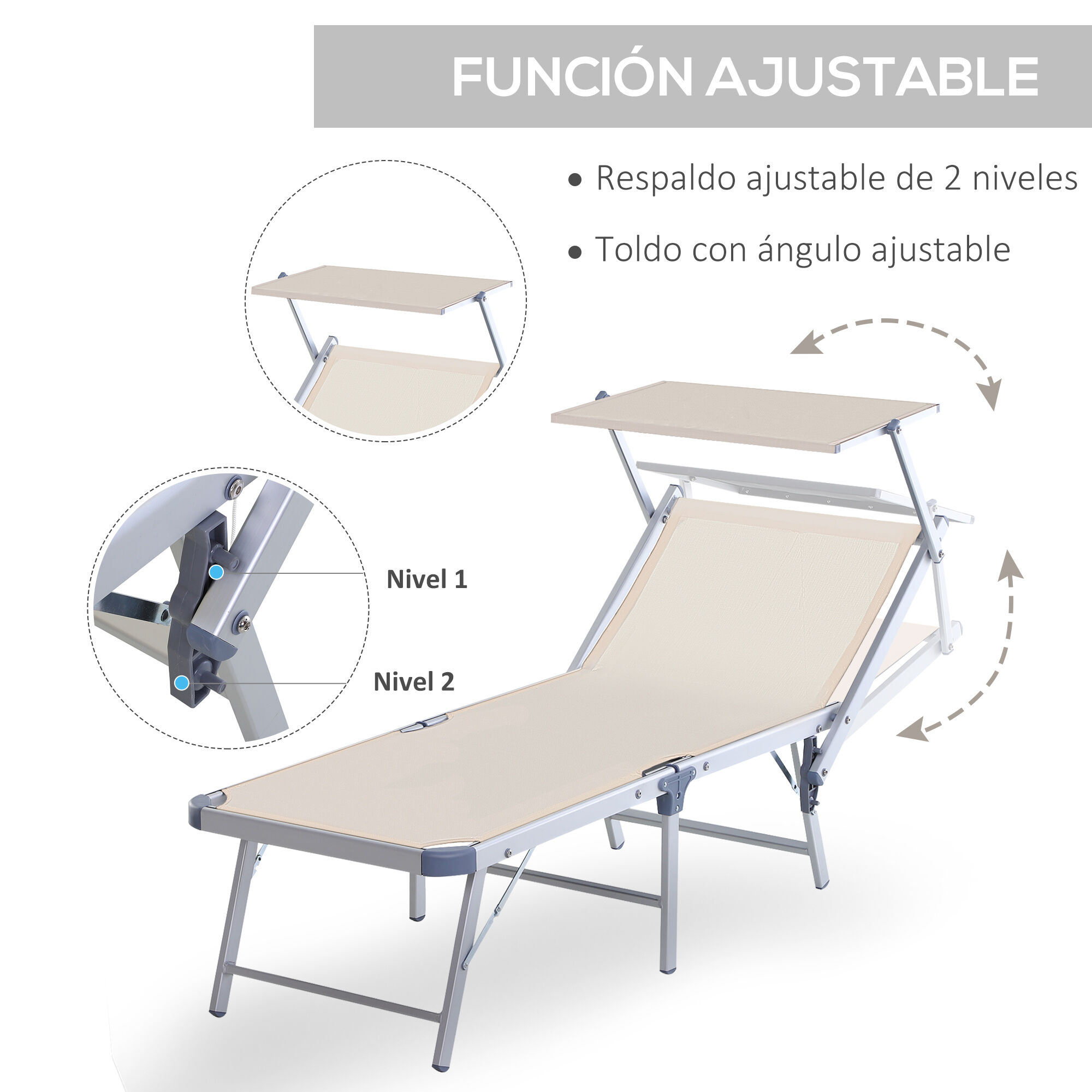 Outsunny Tumbona Plegable y Reclinable de Aluminio con Toldo Incorporado para Piscina Jard&iacute;n Terraza Exterior Carga 120 kg 169x72x50/70 cm Beige, , large Imagen numero 4