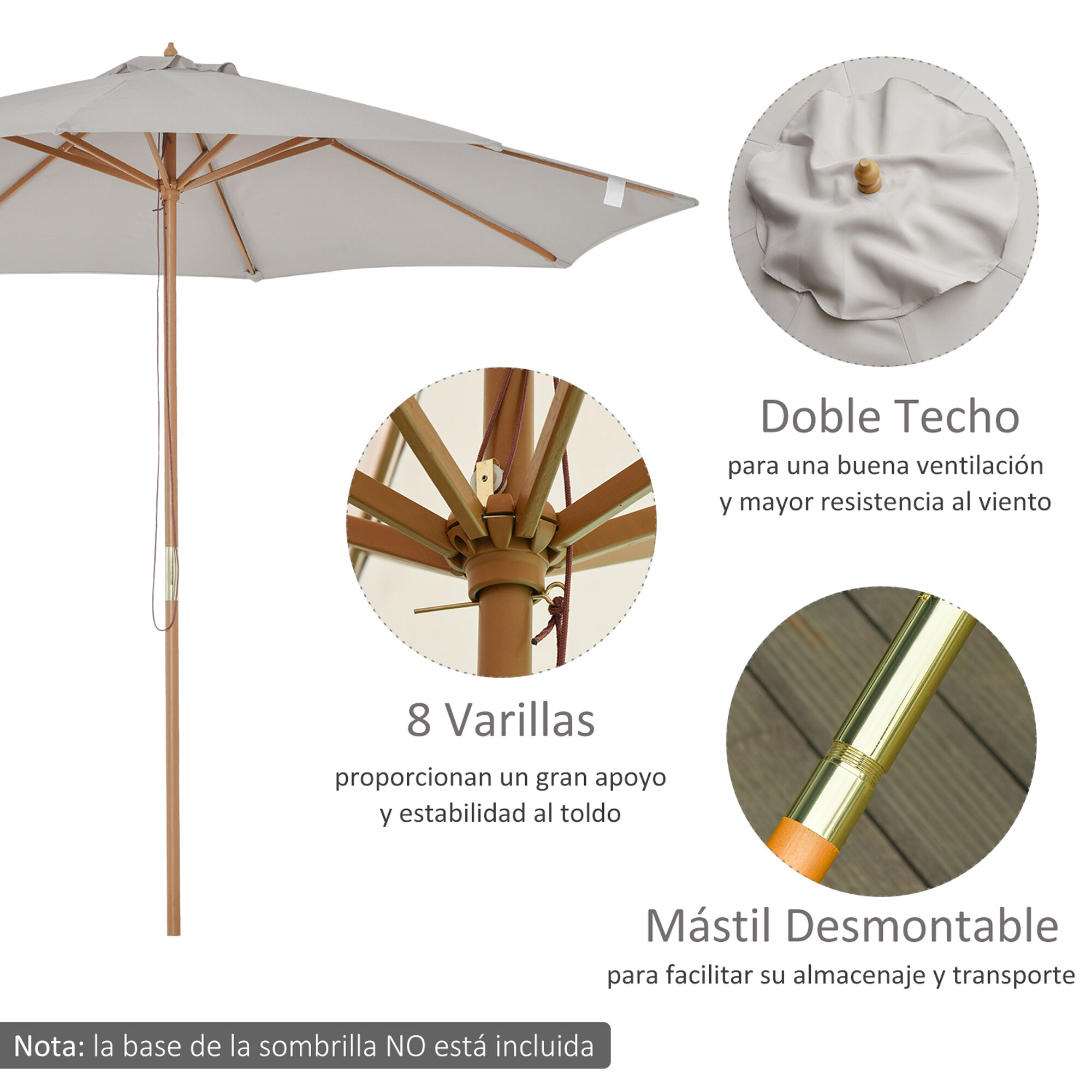 Outsunny Sombrilla Parasol de Jard&iacute;n &Oslash;300x250 cm con Sistema de Pestillo de Fijaci&oacute;n Techo Ventilado y Poste Desmontable de Madera para Terraza Patio Exterior Gris, , large Imagen numero 4