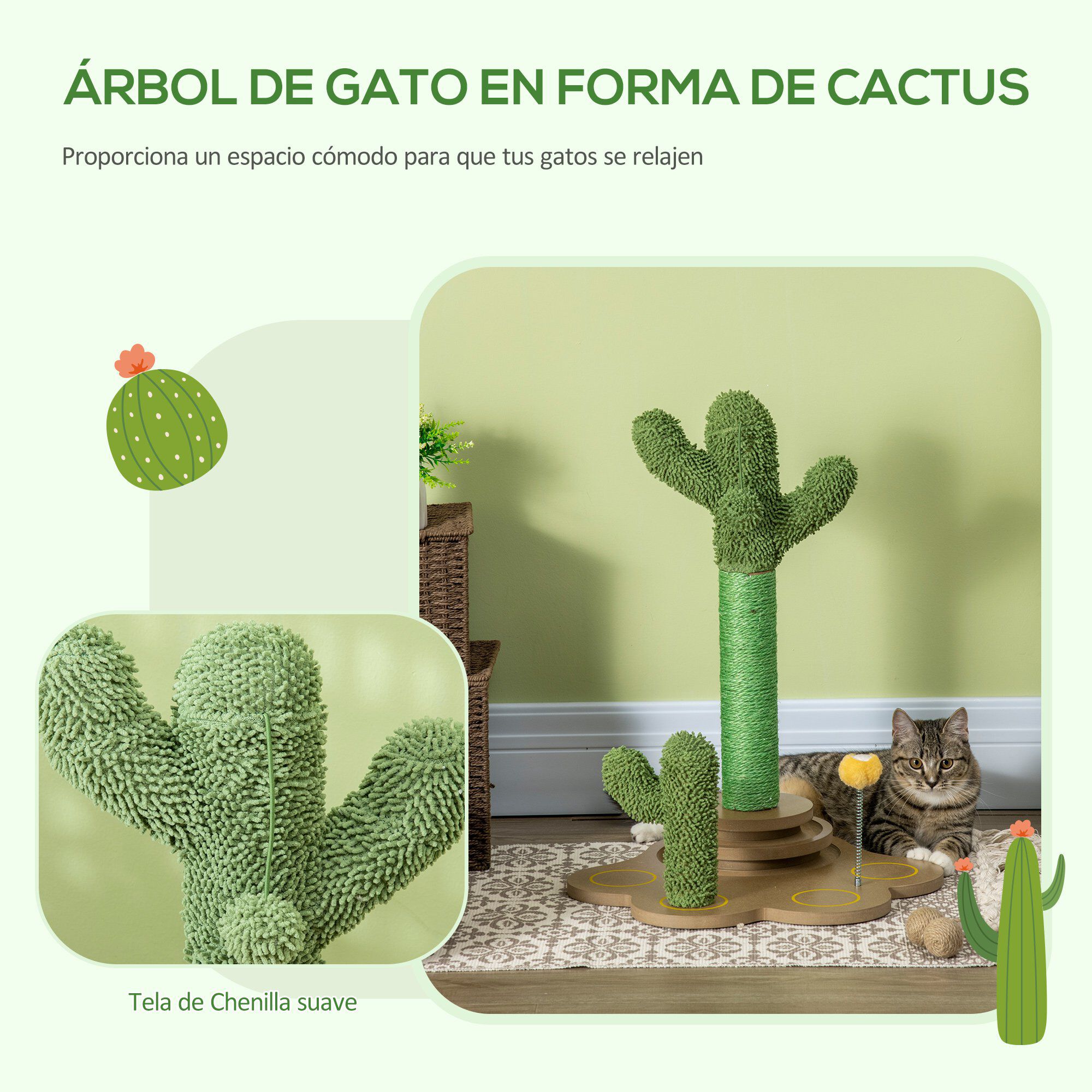 PawHut &Aacute;rbol Rascador para Gatos Peque&ntilde;os con Postes de Cactus verde, , large Imagen numero 4
