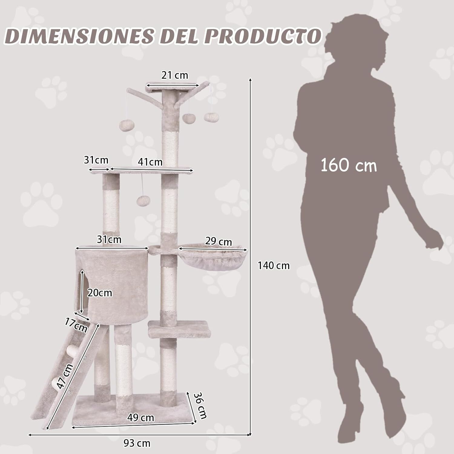 COSTWAY Árbol Rascado para Gatos de 140 cm de Altura, Torre Multinivel para Gatos con Postes de Sisal, Plataformas, Nido, Hamaca, Escalera y Bola, Centro de Actividades para Gatos de Interior, Beige thumbnail