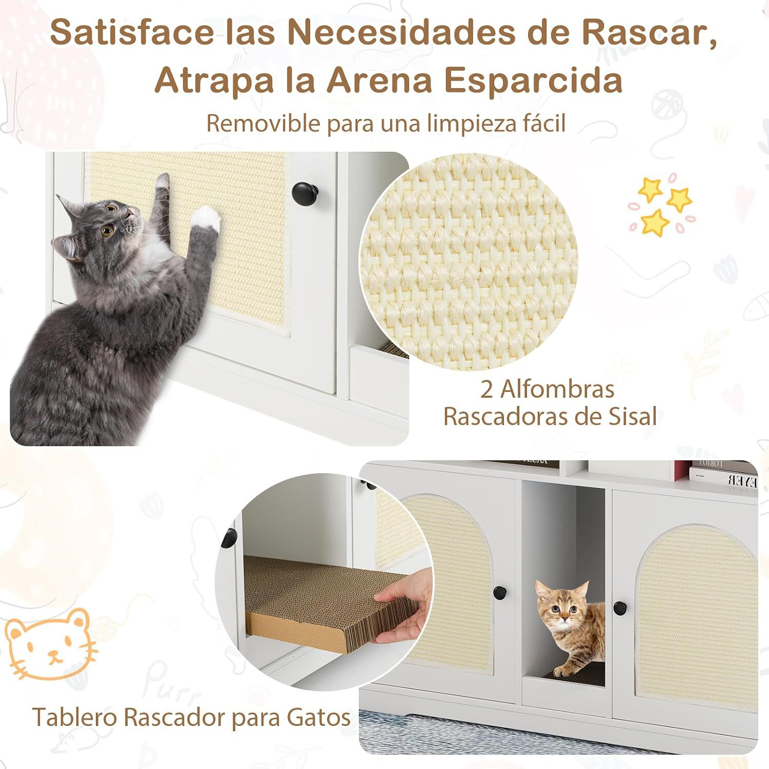 COSTWAY Caja de Arena para Gatos para 2 Gatos, Mueble Oculto para Ba&ntilde;o con Almacenamiento, Habitaciones Dobles, Rascador y 2 Alfombrillas de Sisal, Mesa Auxiliar de Madera para Interior, , large Imagen numero 4
