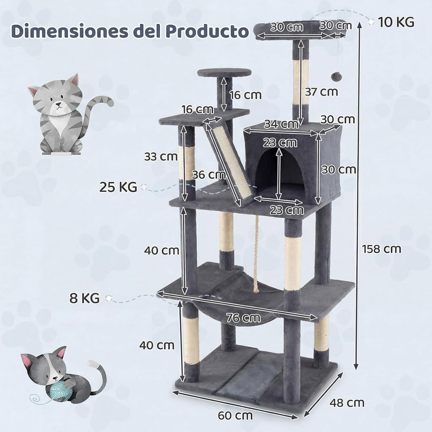 COSTWAY &Aacute;rbol Rascador para Gatos 158 CM, Torre Multinivel con 2 Cuevas Grandes,Hamaca, 3 Postes Rascadores de Sisal, Rampa y Bola Colgante, Torre Rascador de Felpa para Gatos (Gris Oscuro), , large Imagen numero 5