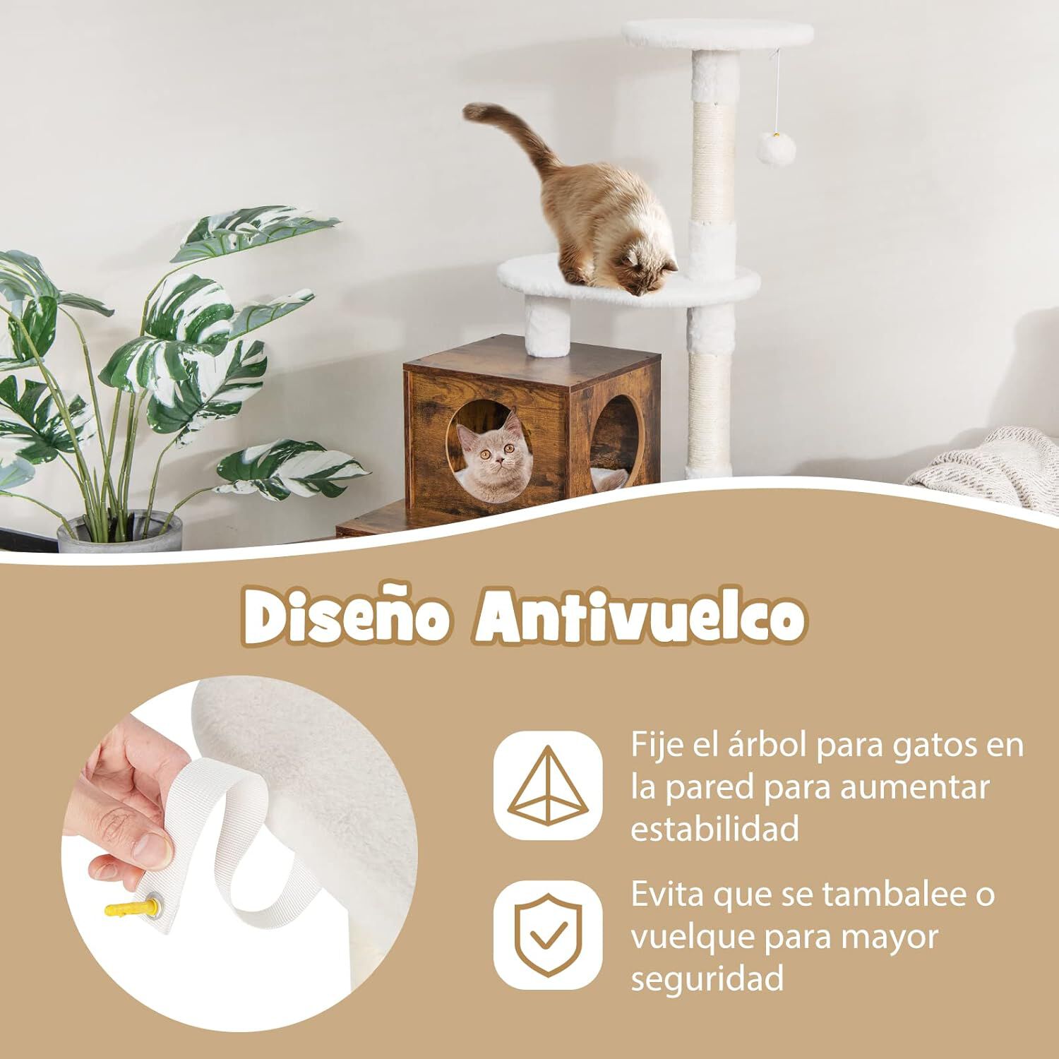 COSTWAY Casa de Madera para Gatos con Torre Rascadora y Caja de Arena, Todo en 1, con Escondite y Divisi&oacute;n, Mueble para Gatos en Interiores, , large Imagen numero 4