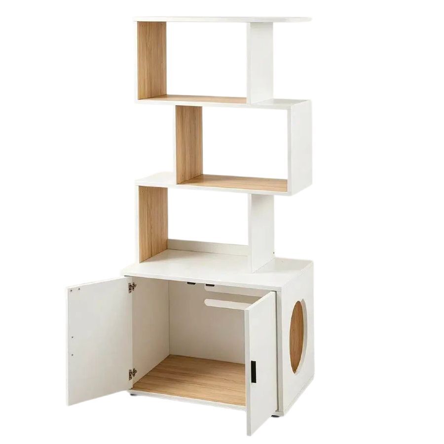 COSTWAY 2 en 1 Caja de Arena para Gatos, Mueble de Ba&ntilde;o Oculto para Gatos con 3 Estantes Abiertos de Almacenaje, con Kit Antivuelco y Almohadilla Ajustable, Casa de Inodoro para Gatos (Blanco), , large Imagen numero 1