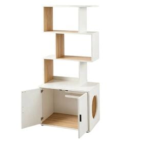 COSTWAY 2 en 1 Caja de Arena para Gatos, Mueble de Ba&ntilde;o Oculto para Gatos con 3 Estantes Abiertos de Almacenaje, con Kit Antivuelco y Almohadilla Ajustable, Casa de Inodoro para Gatos (Blanco)