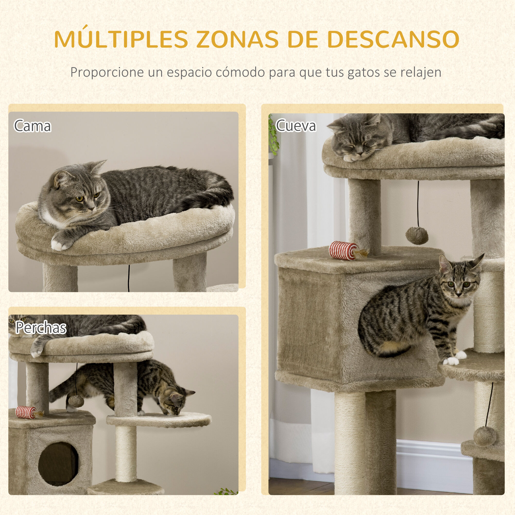 PawHut &Aacute;rbol Rascador para Gatos Peque&ntilde;os Altura 94 cm Torre para Gatos con Cama Superior Cueva 3 Escaleras Bolas Colgantes y Postes de Sisal 55x55x94 cm Marr&oacute;n, , large Imagen numero 4