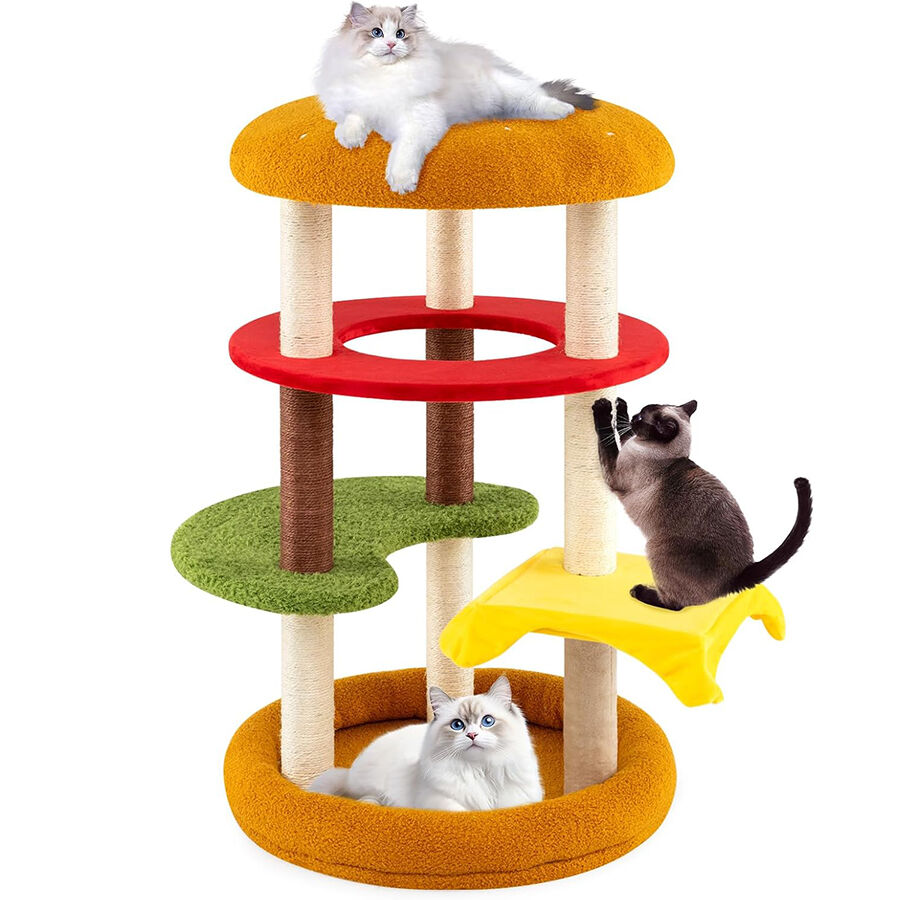 COSTWAY &Aacute;rbol Rascador para Gatos Moderno, 106 cm &Aacute;rbol para Gatos en Forma de Hamburguesa con Percha Acolchada, Cama Amplia, Postes Rascadores de Sisal, Cojines de Felpa, Torre para Gato Decorativo, , large Imagen numero 1