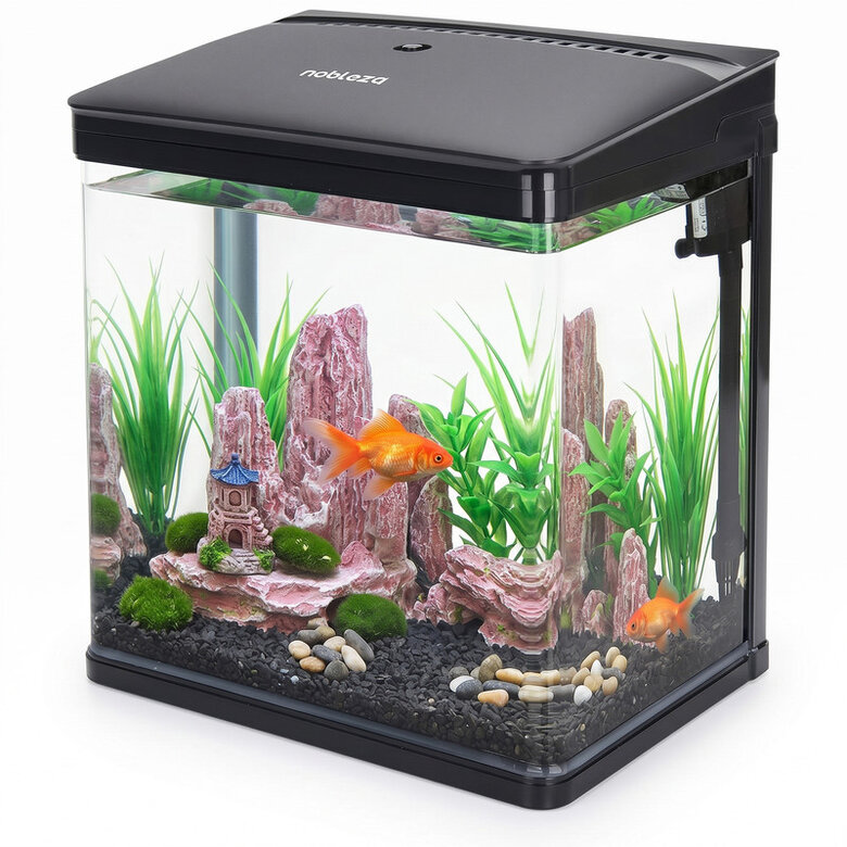 Nobleza - Acuario de Cristal 14L con Iluminación LED y Sistema de Filtro, Pecera con Cubierta y Accesorios para Peces de Agua Dulce y Salada, Diseño Curvo Moderno, Negro