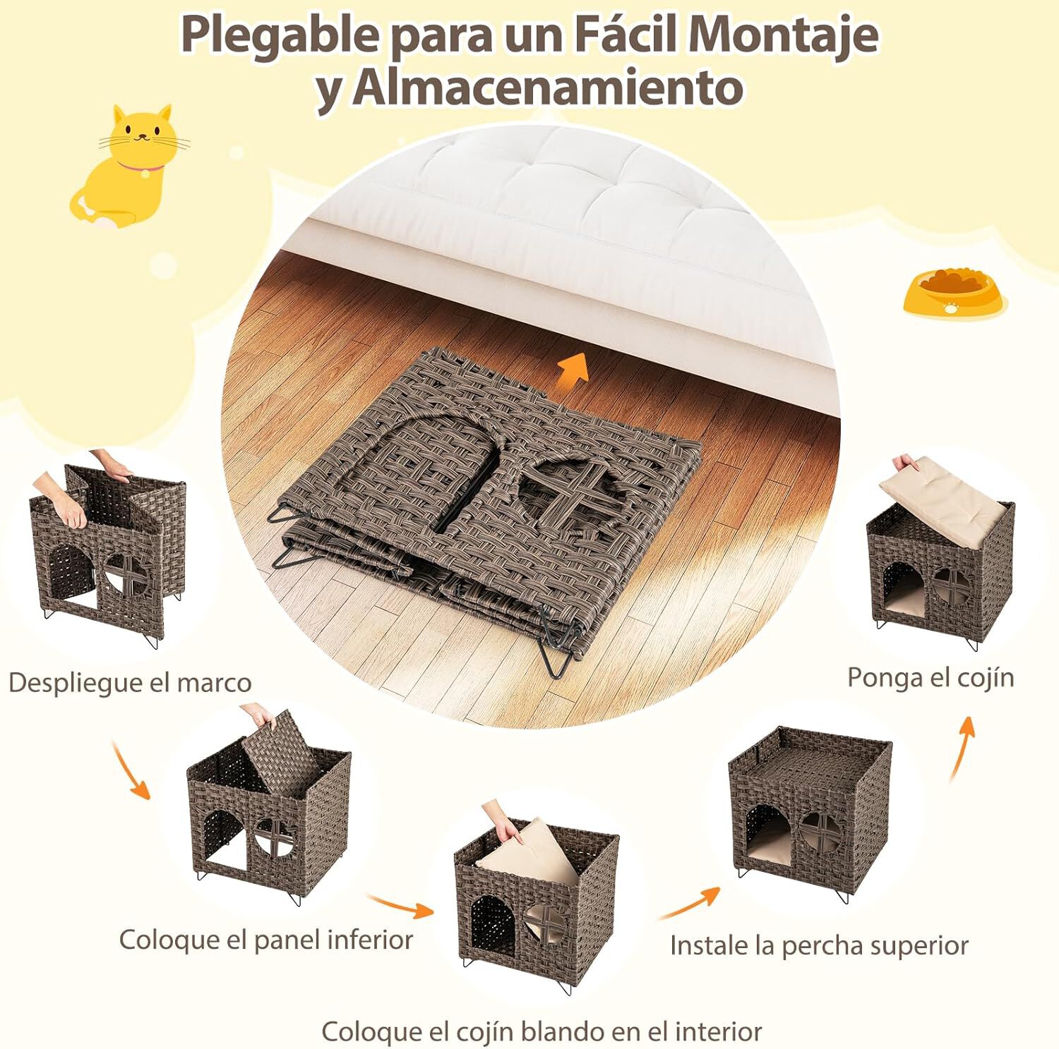 COSTWAY Casa Plegable de 2 Niveles para Gatos, Condominio de Rat&aacute;n con Percha Elevada, Cueva para Esconderse, Cojines Extra&iacute;bles, Mueble para Mascotas de Interior y Exterior, Mesita Auxiliar, , large Imagen numero 3