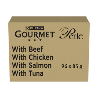 Gourmet Perle Delicias en Salsa Salmón, Pollo, Atún y Buey Sobre para gatos