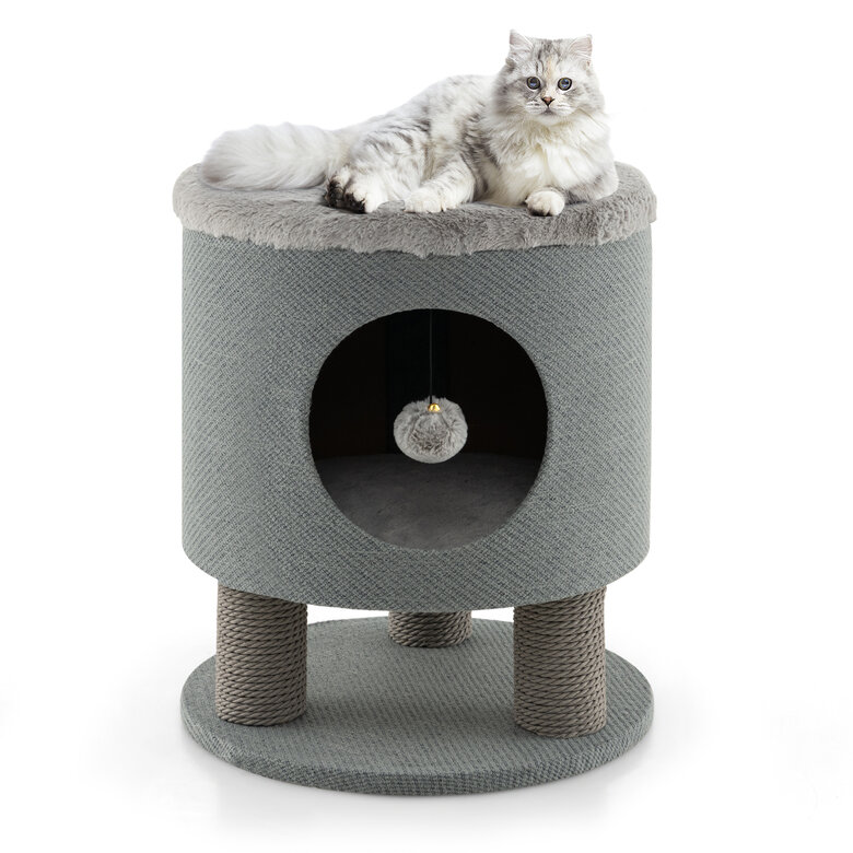 COSTWAY Taburete para Gatos 3 en 1 con Condominio, Casa para Mascotas Otomana, Cueva para Gatos con Poste Rascador y Bola de Felpa, Cama Gato Cueva 40 x 40 x 47 cm (gris)