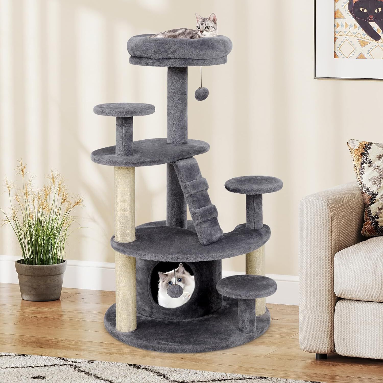 COSTWAY Árbol para Gatos, Torre para Gatos con Condominio y Percha Acolchada, Postes de Sisal para Rascar, Bola Colgante con Campana, Plataformas de Salto, Escalera, Base Ancha Estable (Gris) thumbnail