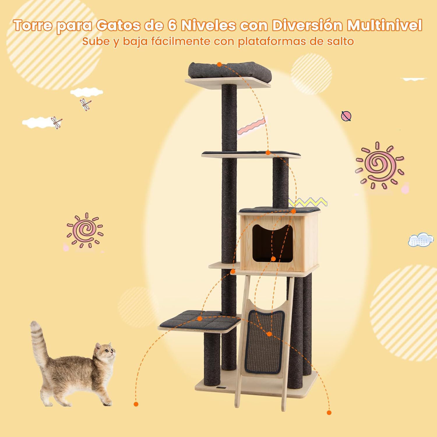 COSTWAY Árbol para Gatos de 6 Pisos con Postes de Sisal y Alfombras de Felpa Gris para gatos thumbnail