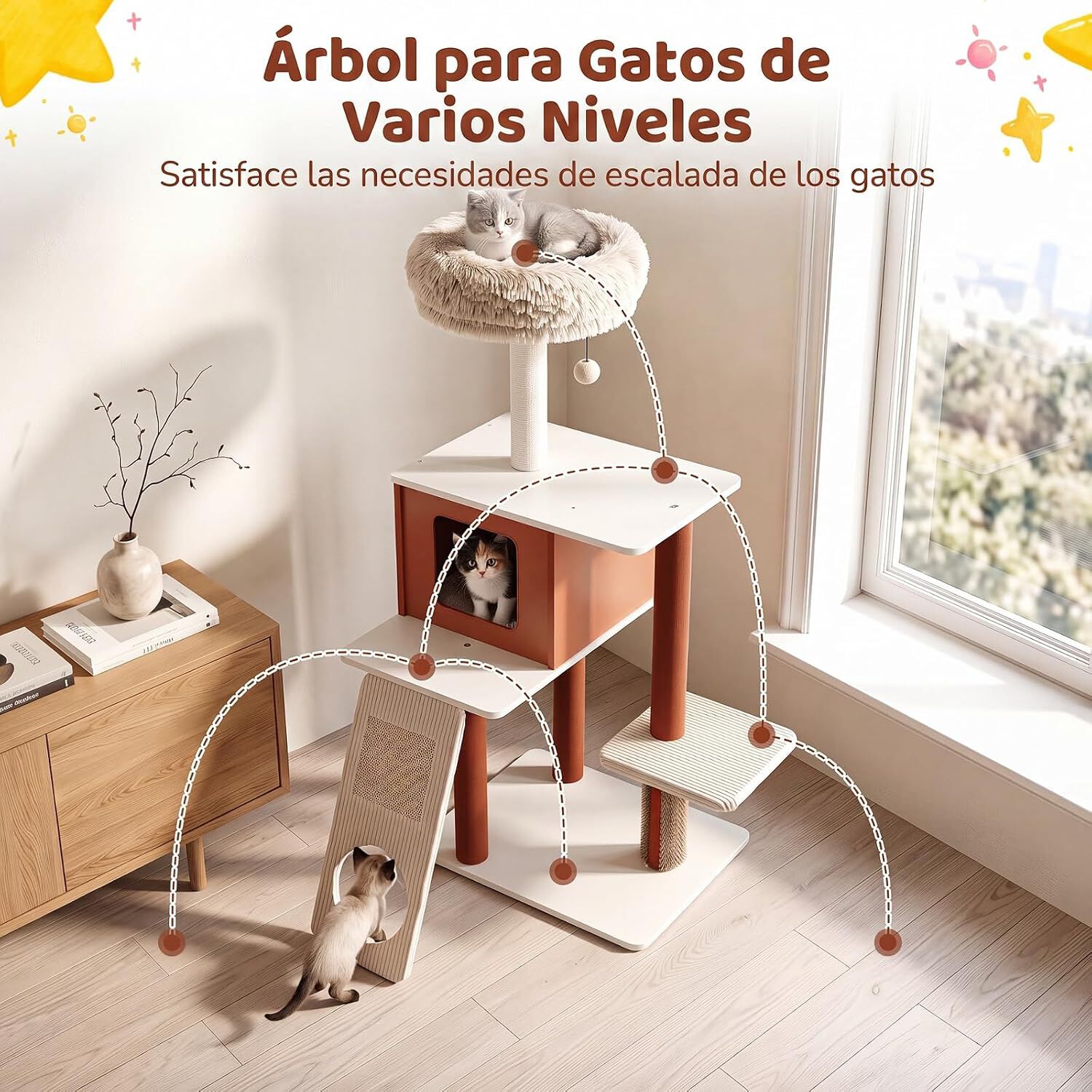 COSTWAY &Aacute;rbol para Gatos, Centro de Actividad para Mascotas | 77,5 x 29,5 x 51 cm Torre de Juego para Gatos con Casita, 3 Plataformas, Postes Rascadores, Rampa de Sisal con Agujero, , large Imagen numero 3