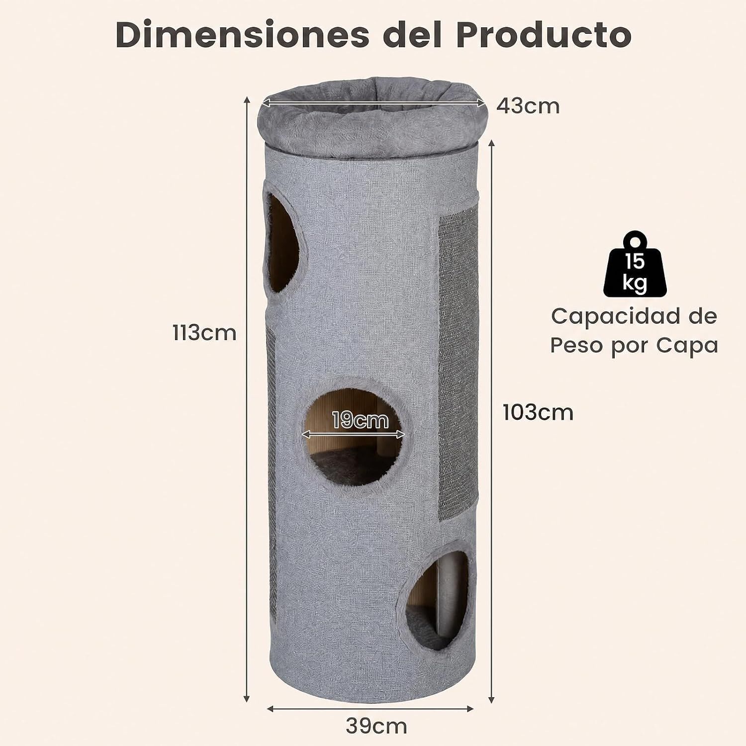 COSTWAY Barril Rascador de 4 Niveles, Poste rascador para Gatos con Cama de Percha Removible, Tablero Rascador de Sisal, Estera de Bamb&uacute; para Gato de Interior, 43 x 43 x 113 cm, Gris Claro, , large Imagen numero 3