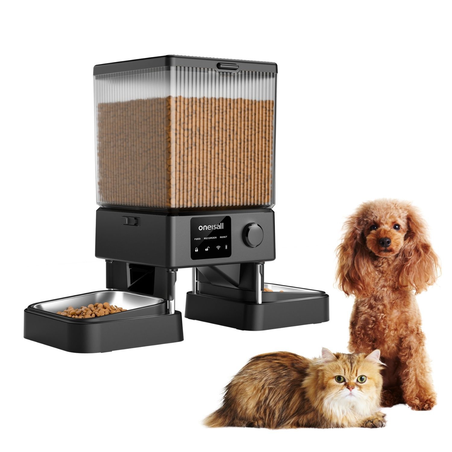 Comedero autom&aacute;tico para mascotas Oneisall PFD-002 CW15006 - Comedero autom&aacute;tico para mascotas - Dispensador inal&aacute;mbrico - Para gatos y perros - Alimento seco - Control preciso de porciones - Dep&oacute;sito de 5 l - Apto para 2 gatos, , large Imagen numero 1