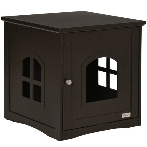 PawHut casa de madera y mueble arenero marr&oacute;n para gatos, , large Imagen numero 1