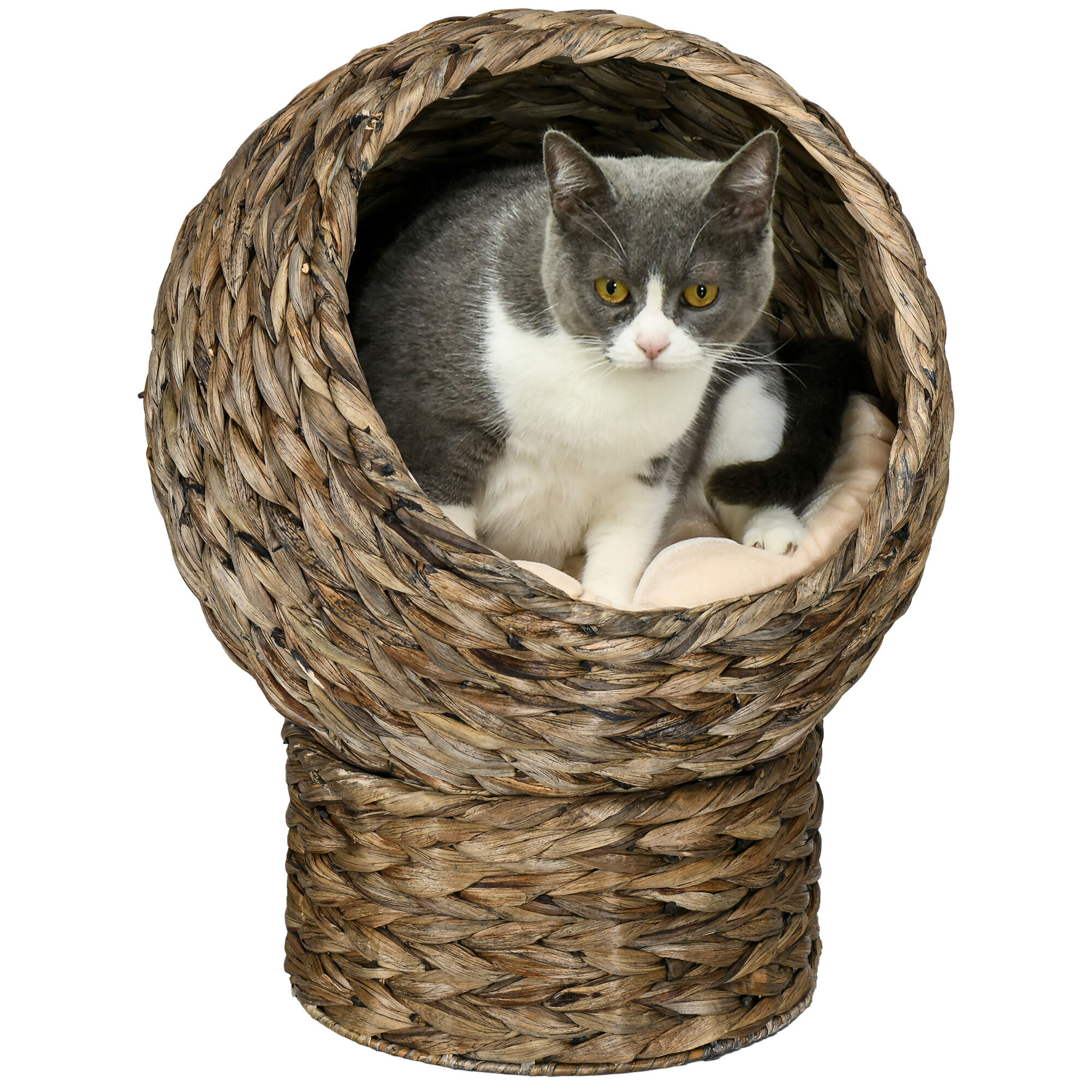 PawHut Cama para Gatos de Mimbre Cueva para Gatos Desmontable con Coj&iacute;n Extra&iacute;ble 42x33x52 cm Marr&oacute;n Oscuro y Beige, , large Imagen numero 1
