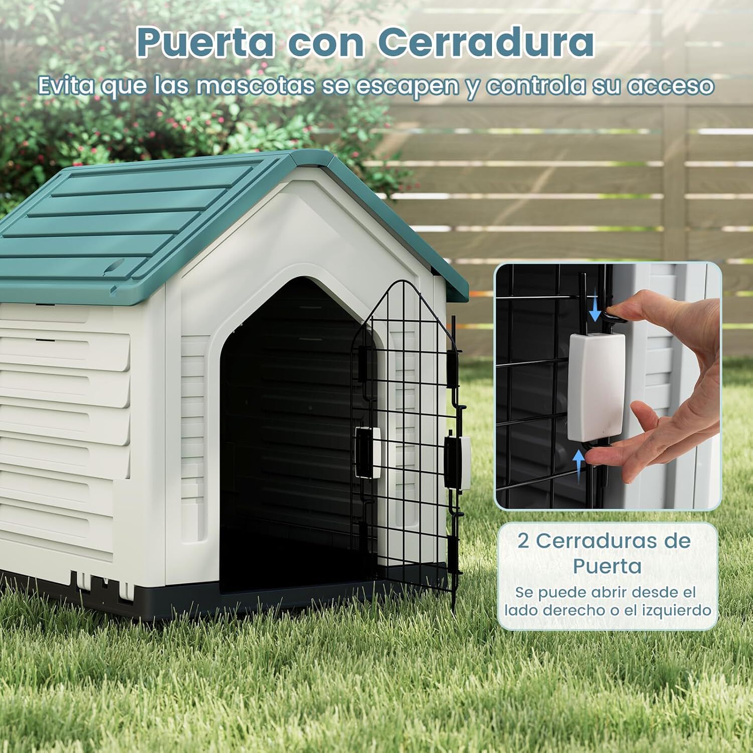 COSTWAY Caseta de Pl&aacute;stico para Perros, Refugio para Mascotas Impermeable con Puerta Met&aacute;lica con Cerradura, Techo Inclinado y Rejillas de Ventilaci&oacute;n, Caseta Perro para Interior y Exterior (Azul), , large Imagen numero 3