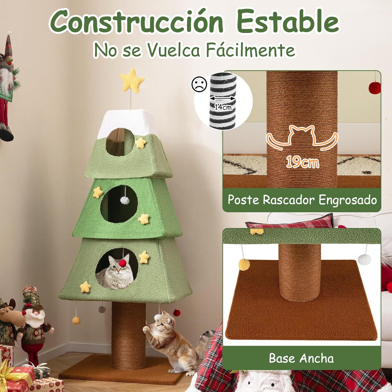 COSTWAY &Aacute;rbol de Navidad para Gatos, 162 cm Torre para Gatos Navide&ntilde;o con 3 Condominios, Rascador de Sisal, Bolas Colgantes, Adorno de Estrella, Funda de Felpa Teddy Extra&iacute;ble, &Aacute;rbol Rascador Gato, , large Imagen numero 3