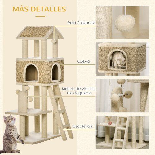 Pawhut &aacute;rbol rascador beige de sisal para gatos, , large Imagen numero 5