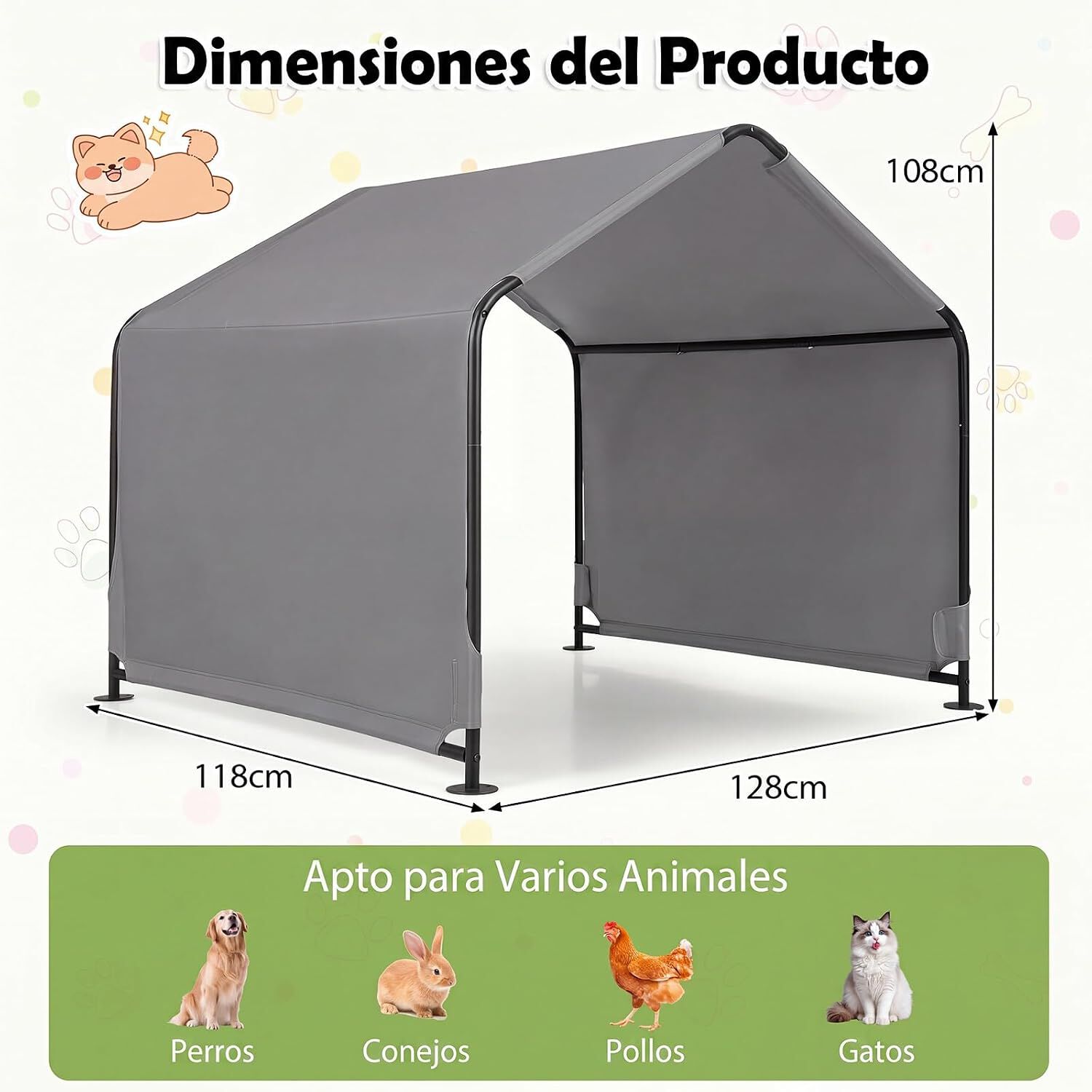 COSTWAY Sombras para Perros para Exterior, Caseta Perros Exterior con Techo Impermeable, Estacas de Tierra, Carpa con Toldo Resistente al Sol, 126 x 118 x 108 cm, Gris, , large Imagen numero 3