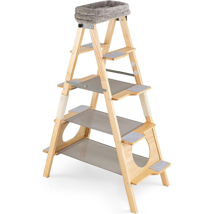COSTWAY &Aacute;rbol para Gatos de Madera Maciza, 151 cm, Rascador Gato Plegable con Escalera, Torre Alta para Gatitos de 5 Niveles con Cama, Perchero Tapizado y Poste Rascador de Sisal, Natural y Gris, , large Imagen numero 1