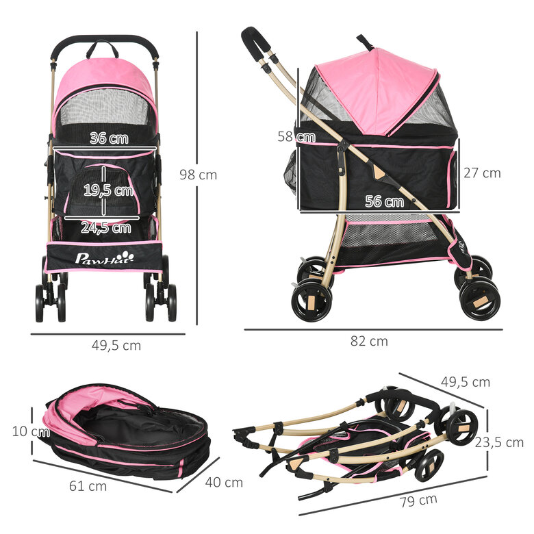 PawHut 3 en 1 Cochecito para Mascotas Carrito para Perros y Gatos Desmontable Bolsa de Transporte Plegable con Cesta de Almacenaje y Frenos Tela Oxford 600D Carga 15 kg 82x49,5x98 cm Rosa, , large image number null