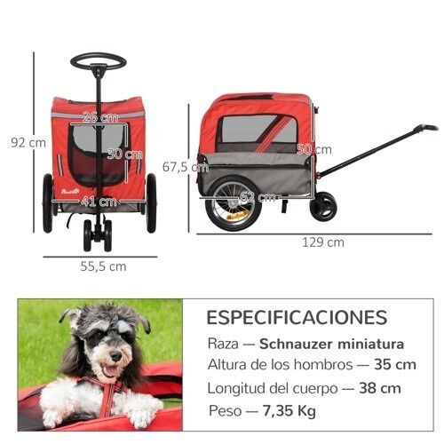 PawHut carrito remolque de bicicleta rojo para perros, , large Imagen numero 2