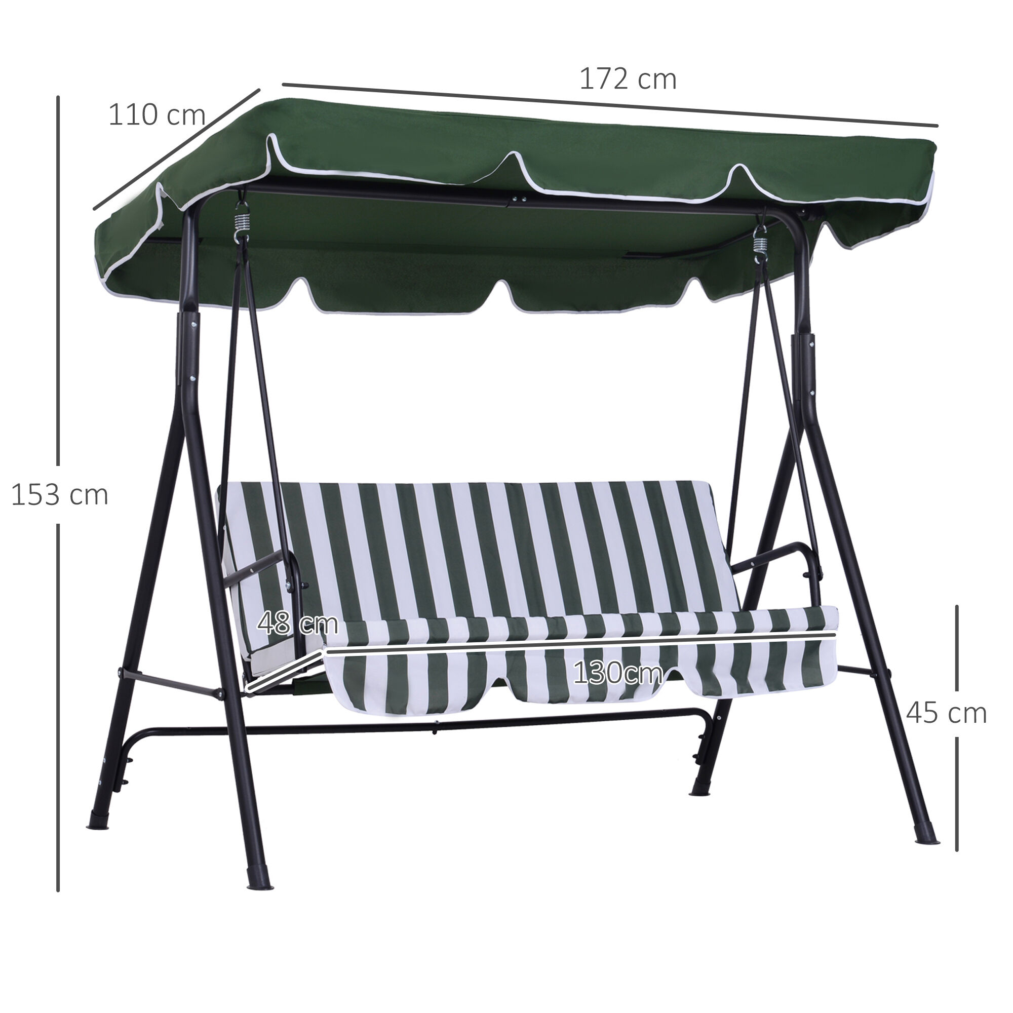 Outsunny Columpio de Jard&iacute;n de 3 Plazas Silla Balanc&iacute;n con Parasol Techo Ajustable en &Aacute;ngulo Impermeable para Exterior Terraza Balc&oacute;n Carga M&aacute;x. 200 kg Acero 172x110x153 cm Verde, , large Imagen numero 3
