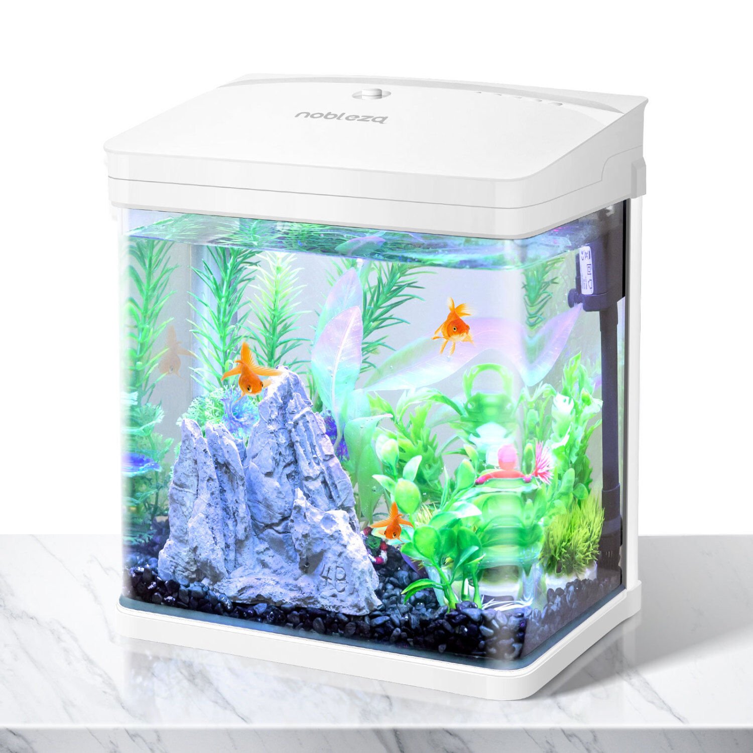 Nobleza Acuario blanco de cristal con cubierta y luces LED para peces