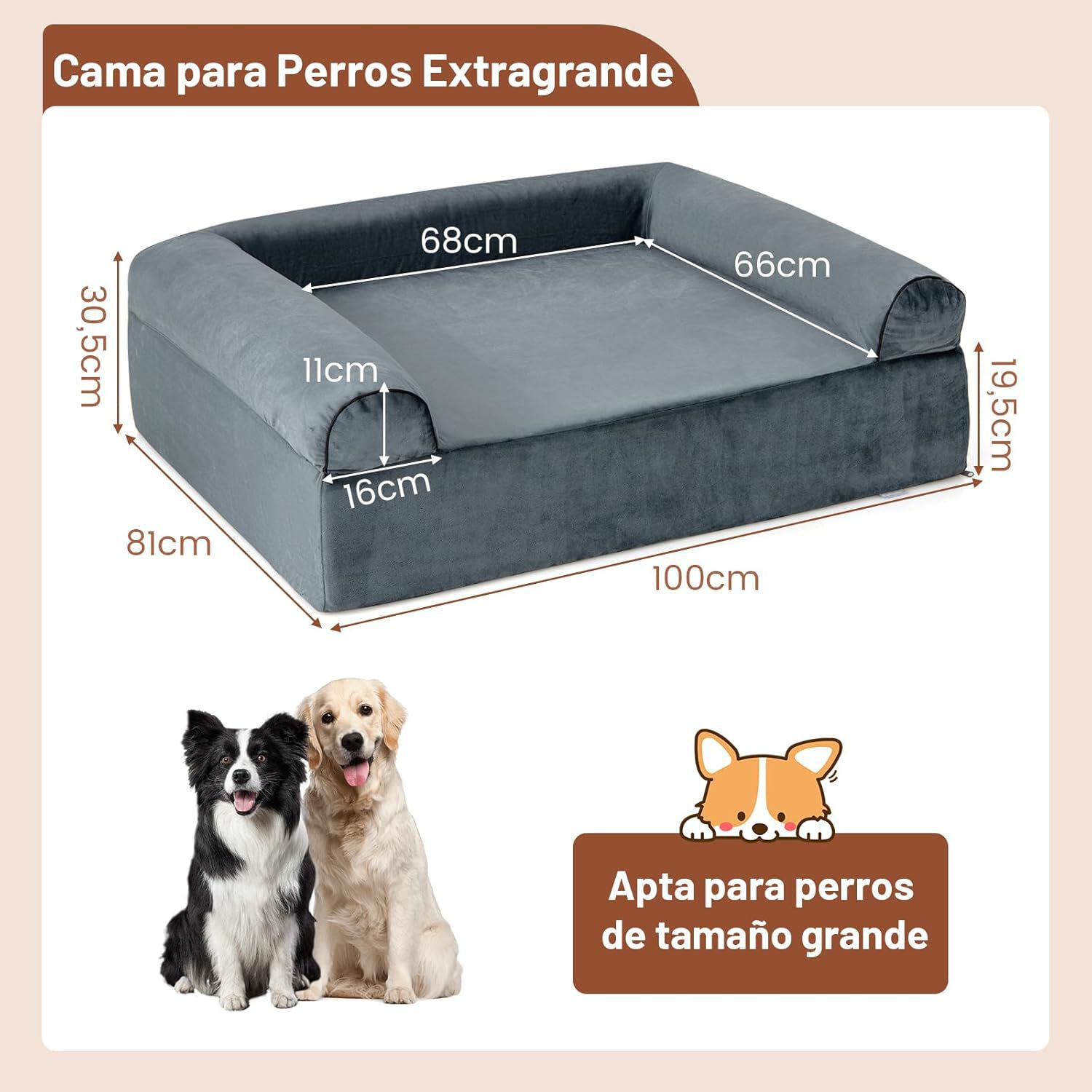 COSTWAY Cama Perro Grande, 100x81x30,5 cm, Cama Ortop&eacute;dica para Perros con Espuma Viscoel&aacute;stica y Reposacabezas, Base Antideslizante, Desenfundable y Lavable, Sof&aacute; Perro Desmontable, Mascotas, Gris, , large Imagen numero 5