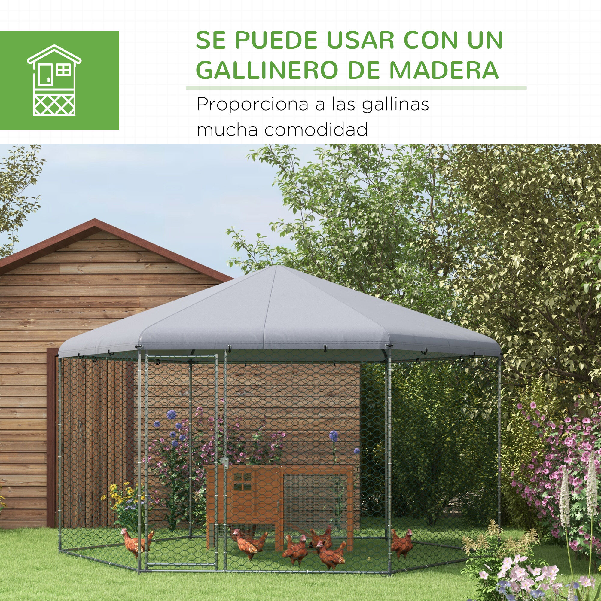 PawHut Gallinero para Exterior Grande de Acero 400x346x263 cm Jaula de Aves en Forma de Hex&aacute;gono Cubierta de Tela Oxford Resistente a los Rayos UV e Impermeable para Patio Plata, , large Imagen numero 5