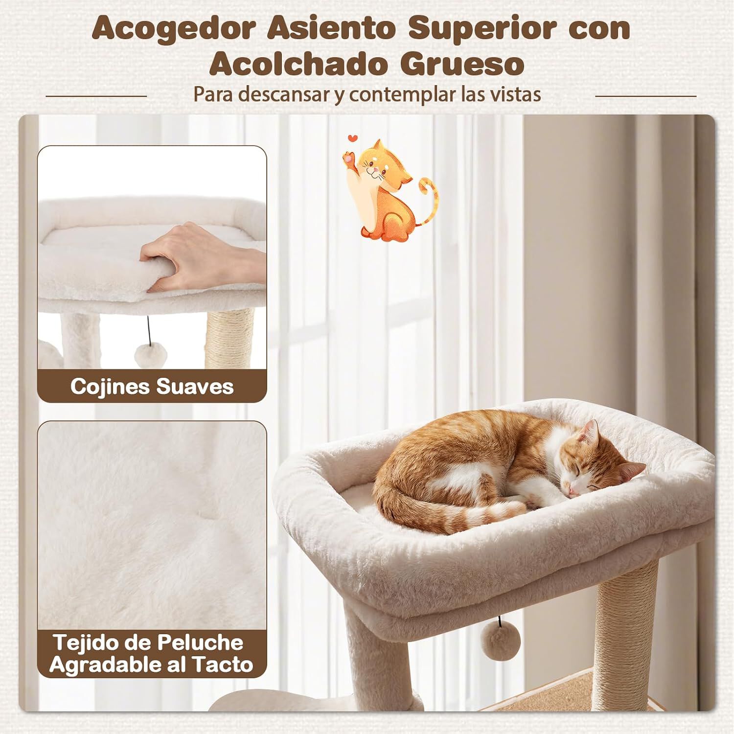 COSTWAY Mueble Rascador para Gatos, 148 cm &Aacute;rbol Rascador para Gatos con Postes Rascadores de Sisal, Condominio, Percha, Cesta, Juguete, Cojines Lavables, Gran Torre de Madera Multinivel para Gatitos, , large Imagen numero 4