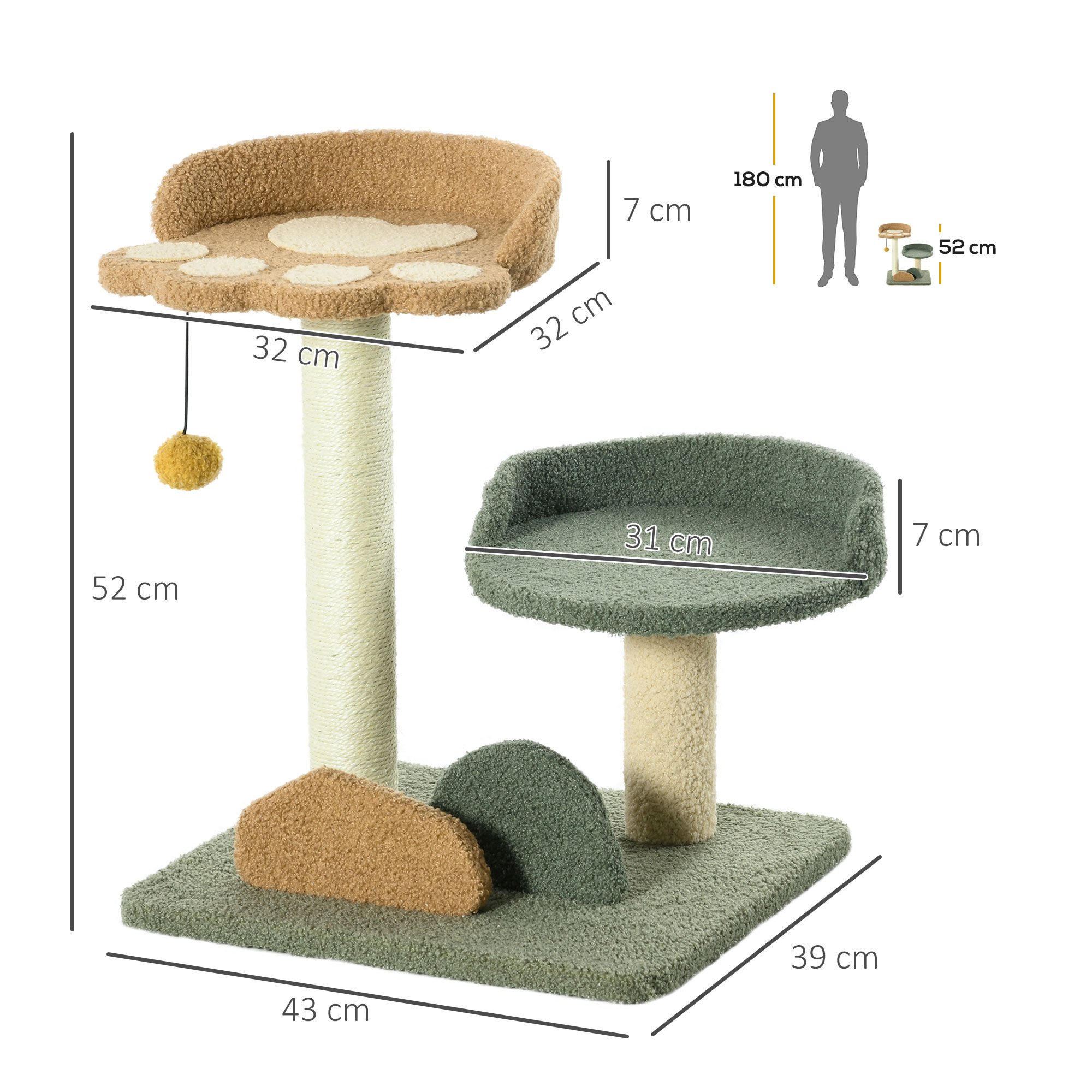 PawHut &Aacute;rbol Rascador para Gatos Peque&ntilde;o de 52 cm Torre para Gatos Centro de Actividades para Gatitos con Cama Poste de Sisal y Bola Colgante 43x39x52 cm Multicolor, , large Imagen numero 3