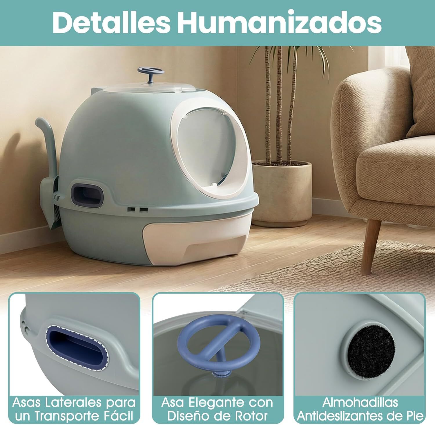 COSTWAY Arenero para Gatos Cubierto, Estilo Helic&oacute;ptero, Caja de Arena Plegable para Gato con Entrada Frontal y Salida Superior, Pala, Bandeja Port&aacute;til para Gatos Grandes, 54 x 46 x 39 cm (Azul), , large Imagen numero 4