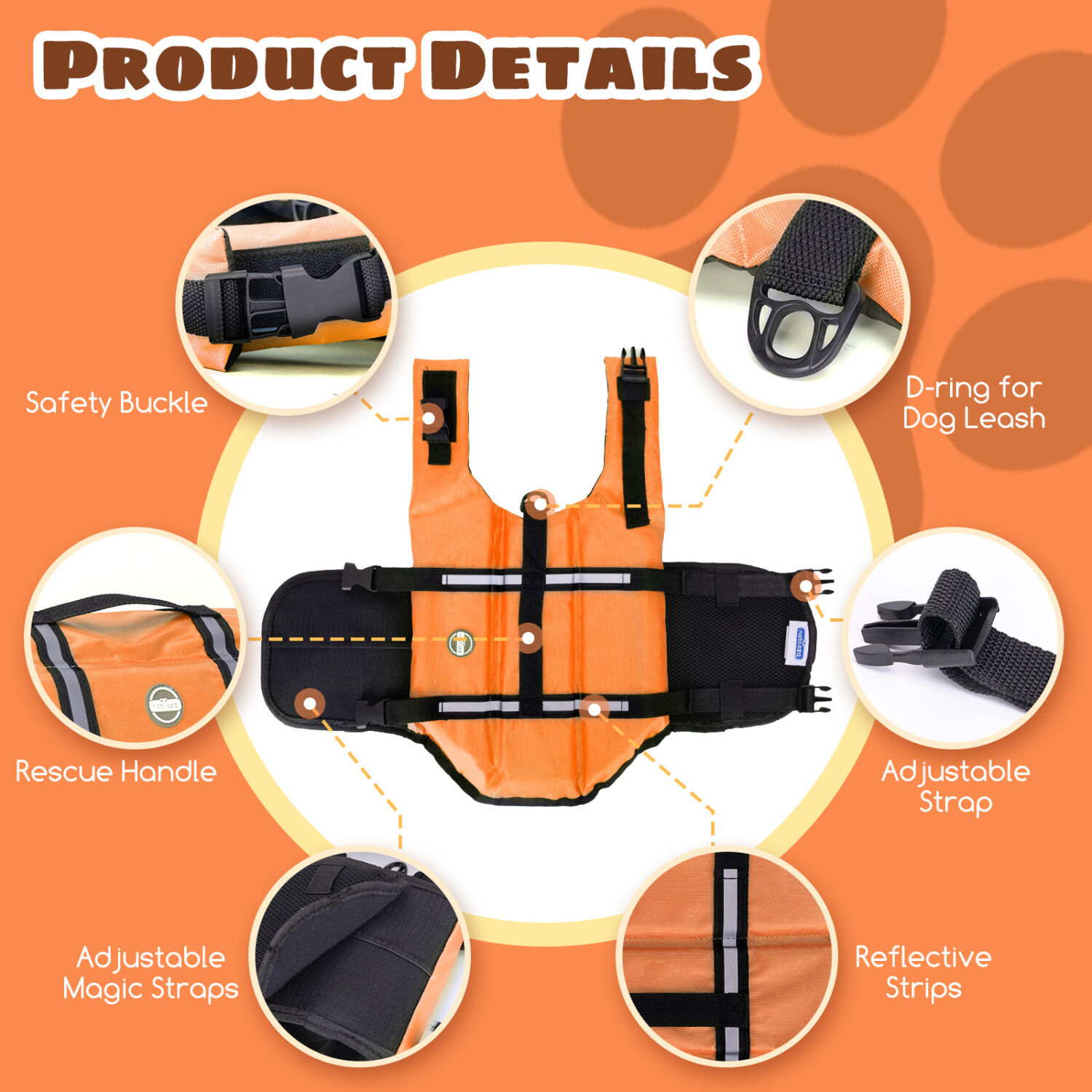 Nobleza - Chaleco Salvavidas para Perros， Flotador Perro con Tiras Reflectantes， Chaleco de Nataci&oacute;n para Perro con Alta Flotabilidad y Mango de Rescate Duradero para Nadar， Surf， Navegar， Naranja(S), , large Imagen numero 3