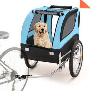 COSTWAY Remolque de Bicicleta para Mascotas, Remolque Bicicleta Perros Pequeños y Medianos con Ruedas, Transportador de 2 Puertas con Techo Solar, Capacidad 40 kg, 60,5 x 135 x 95 cm (Azul)