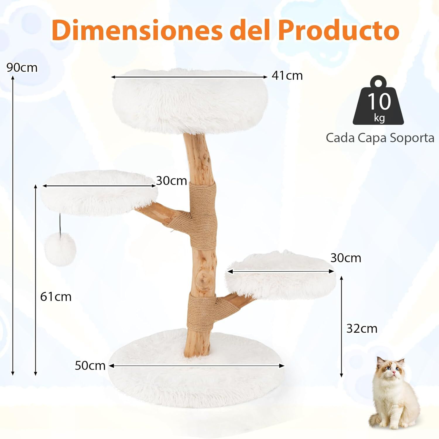 COSTWAY Rascador para Gatos, &Aacute;rbol para Gatos de Madera, Torre para Gatitos con Tronco de Peral S&oacute;lido con Plataforma, Centro de Actividades Moderno con Postes para Rascar de Sisal (Blanco,105 cm), , large Imagen numero 5